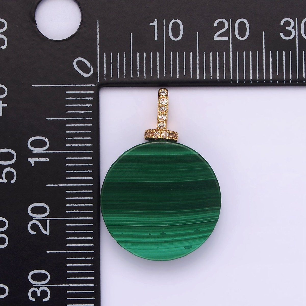 16K Gold Filled 25mm Green Malachite Round Clear CZ Micro Paved Bail Pendant | N1842 - DLUXCA