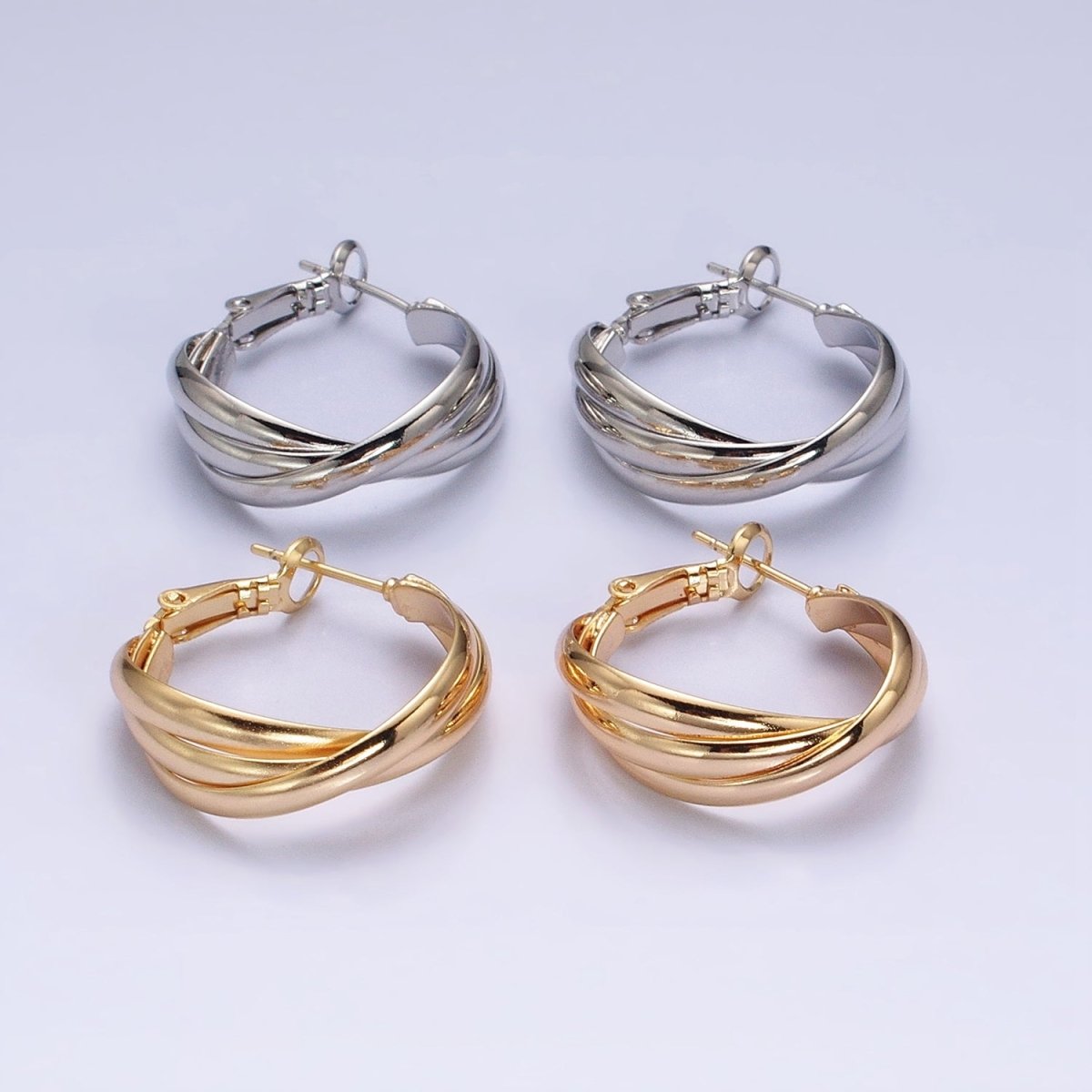 16K Gold Filled 25mm Triple Flat Bar Band X Hinge Hoop Earrings in Gold & Silver | AD1291 AD1292 - DLUXCA