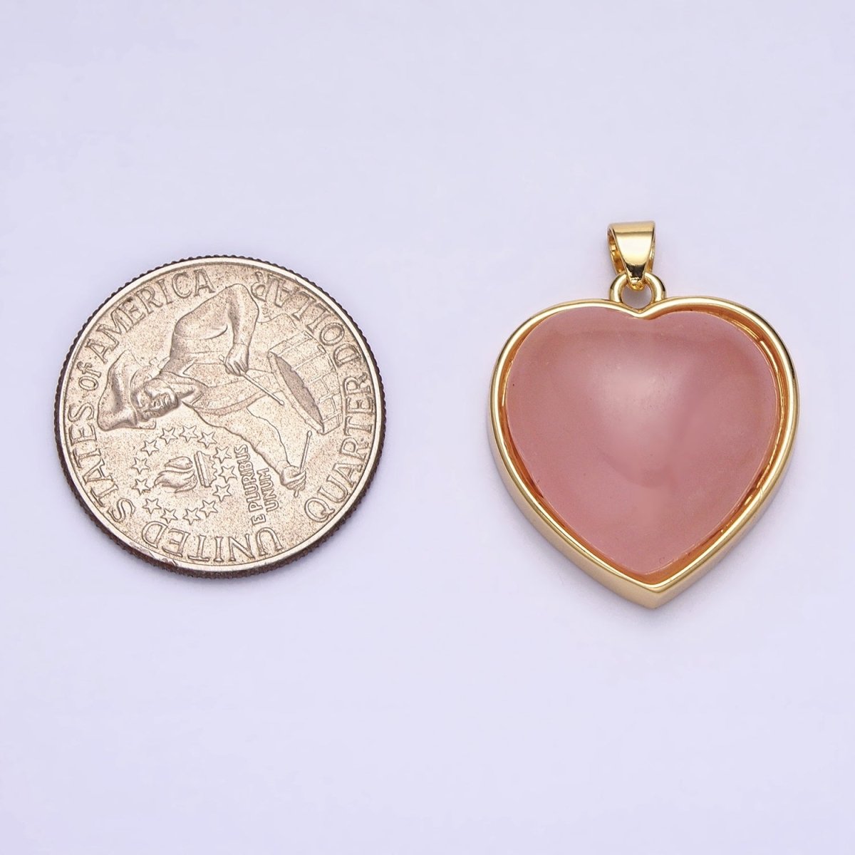 16K Gold Filled 29mm Heart Rose Quartz Natural Gemstone Valentine Pendant | AA381 - DLUXCA