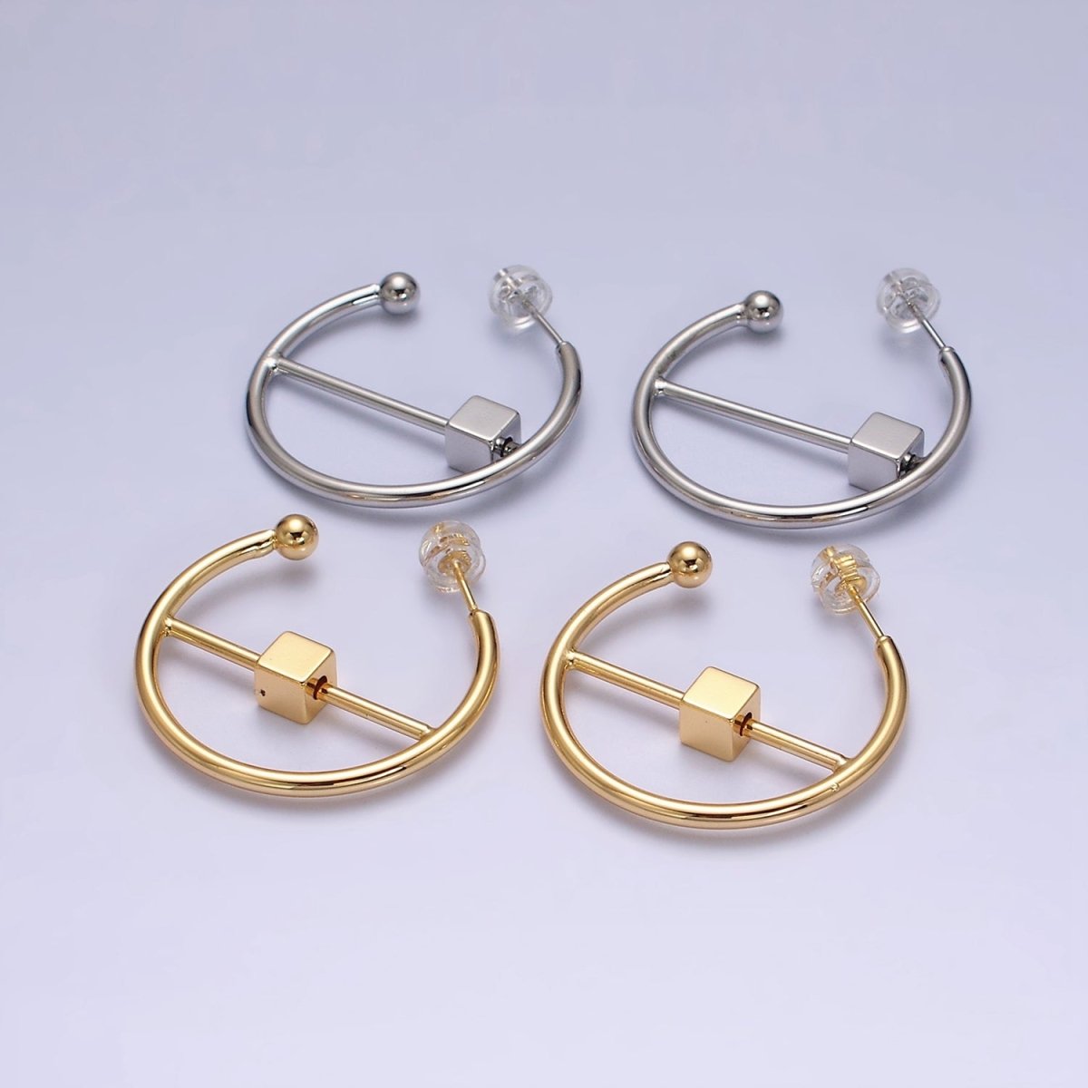 16K Gold Filled 30mm Block Bar Geometric C-Shaped Hoop Earrings in Gold & Silver | AD1345 AD1346 - DLUXCA