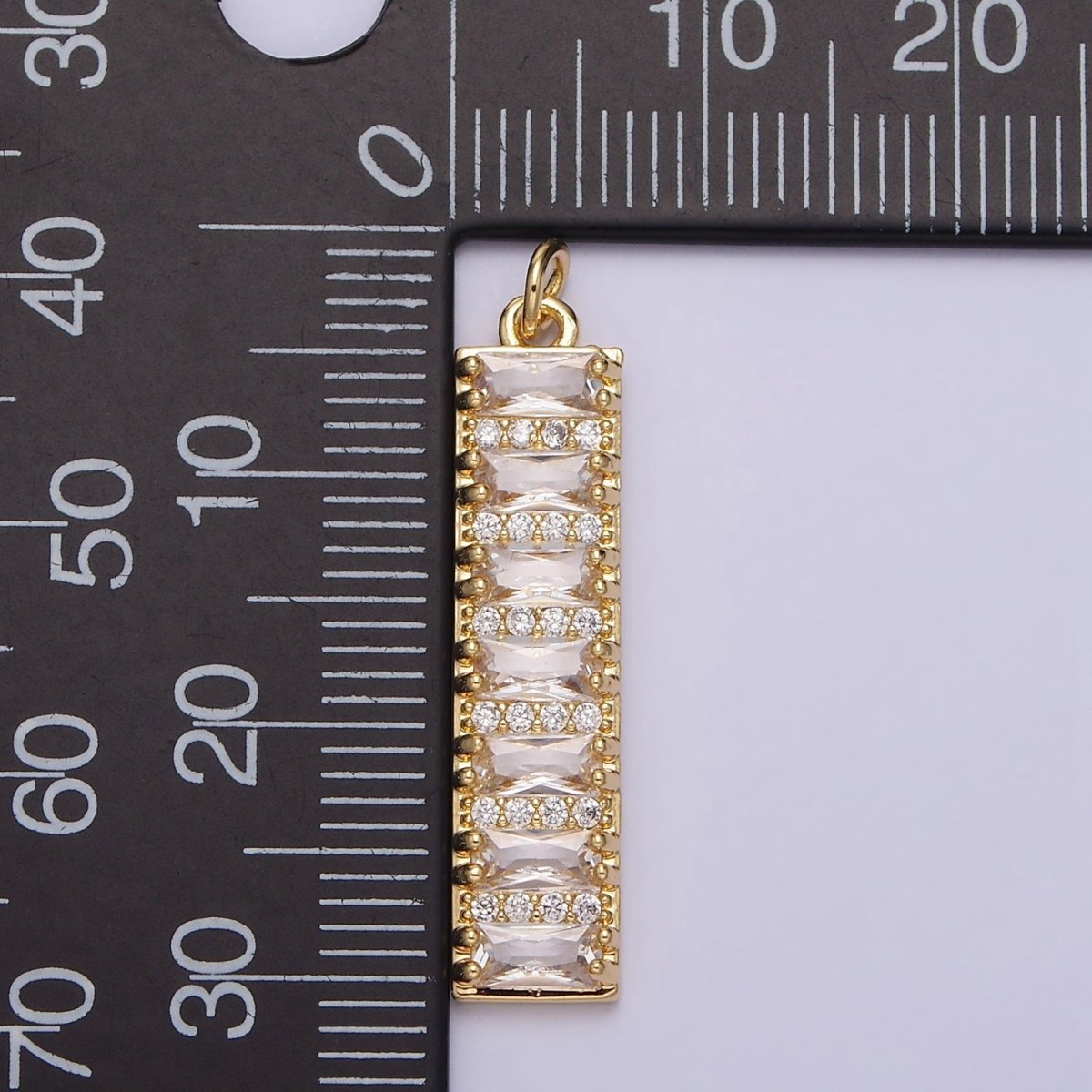 16K Gold Filled 30mm Clear CZ Baguette Lined Micro Paved Band Tag Charm | AC1133 - DLUXCA