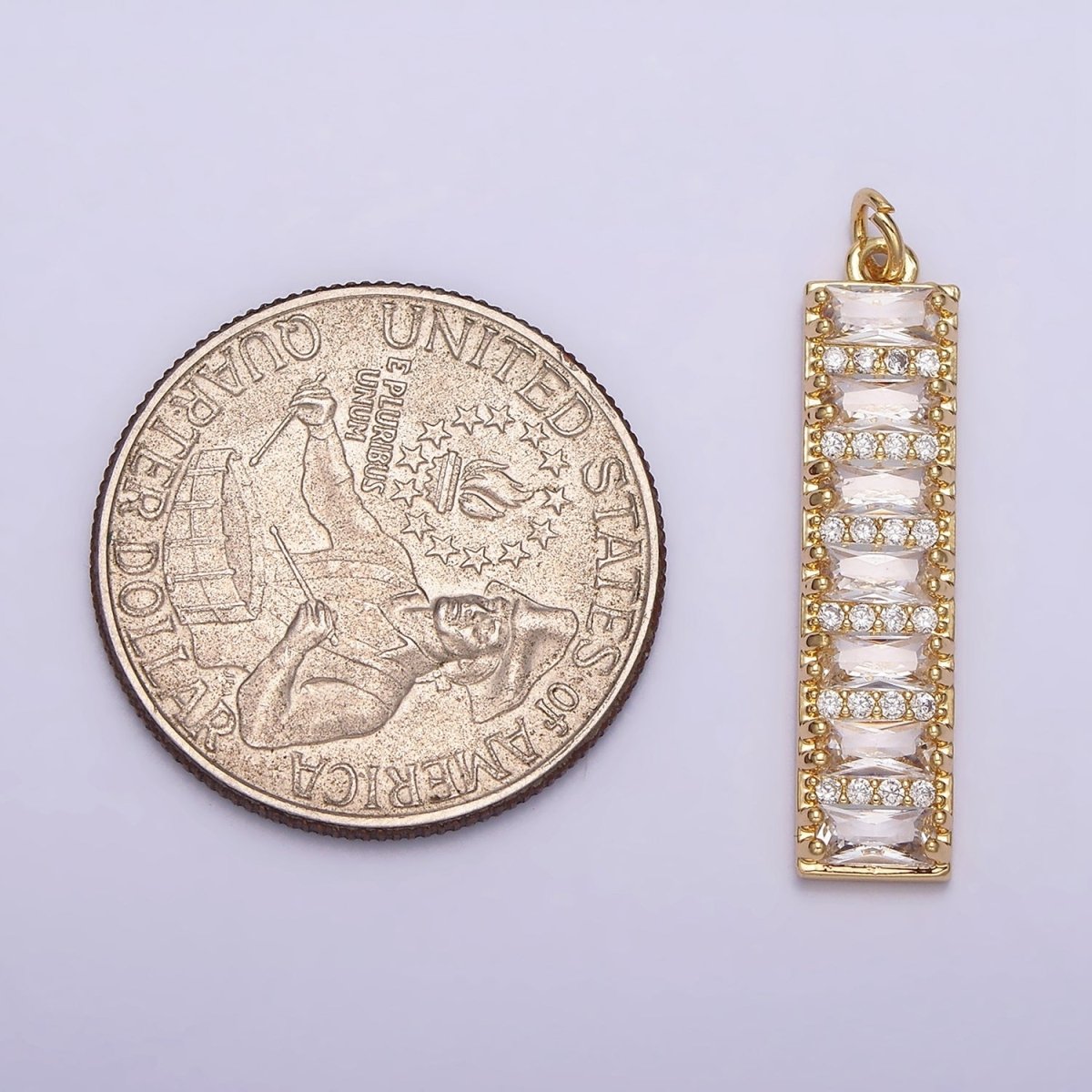 16K Gold Filled 30mm Clear CZ Baguette Lined Micro Paved Band Tag Charm | AC1133 - DLUXCA