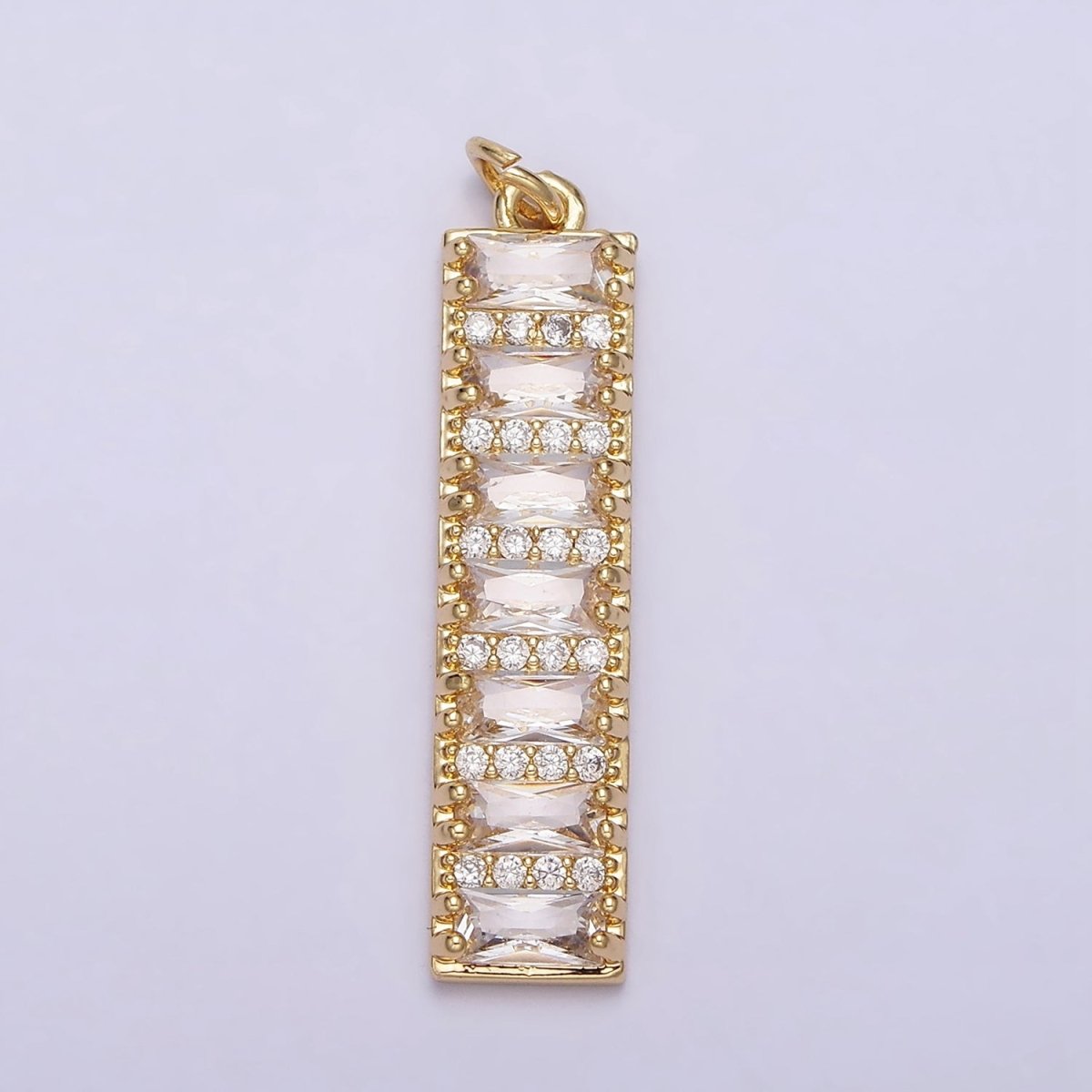16K Gold Filled 30mm Clear CZ Baguette Lined Micro Paved Band Tag Charm | AC1133 - DLUXCA