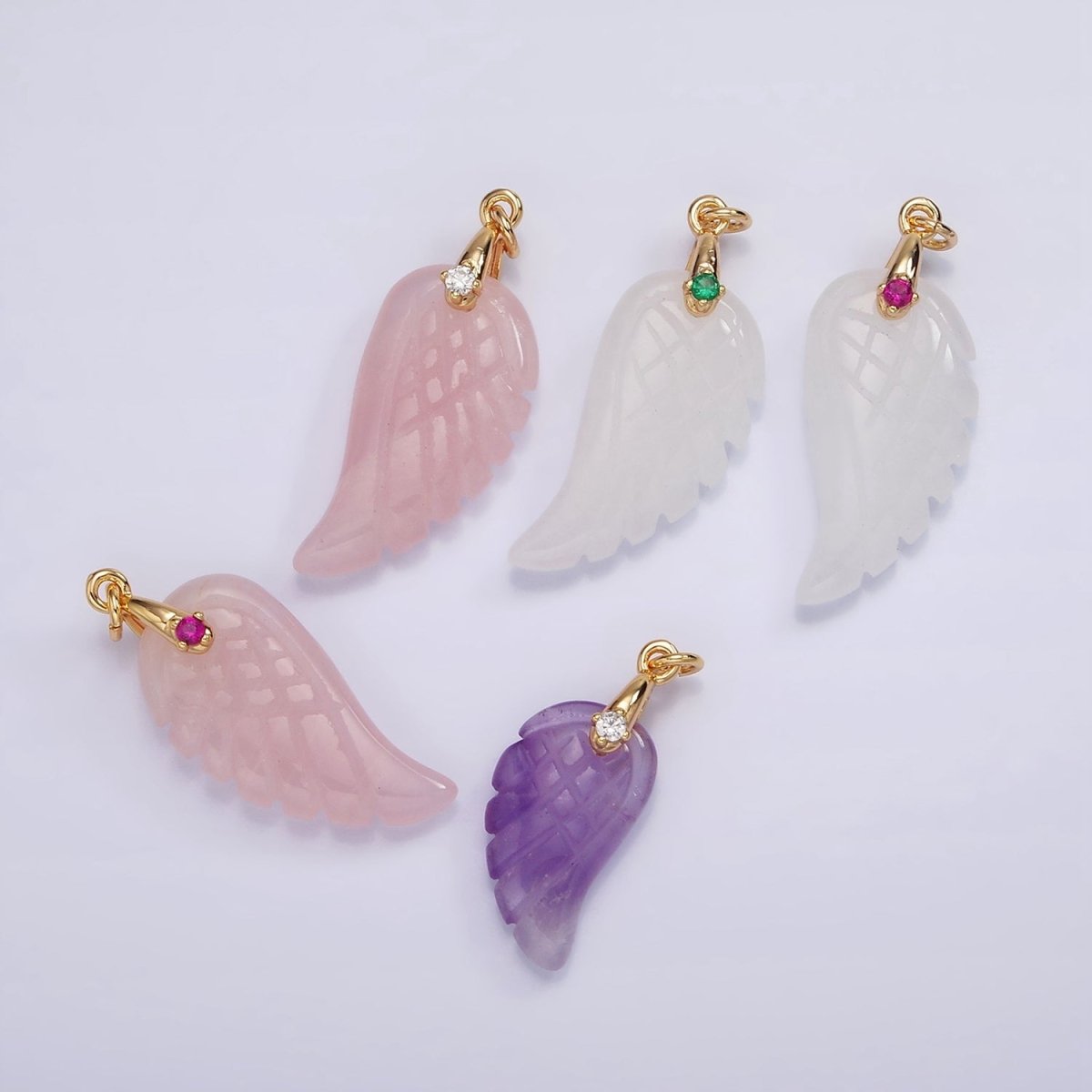 16K Gold Filled 30mm Clear Quartz, Rose Quartz Feather Wings CZ Bail Charm | AG294 - AG297 - DLUXCA