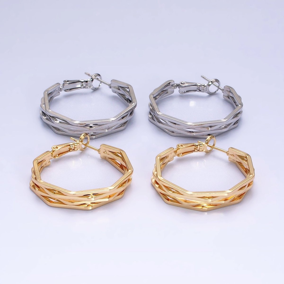 16K Gold Filled 30mm Hexagonal Multiple Band Hinge Hoop Earrings in Gold & Silver | AE037 AE038 - DLUXCA