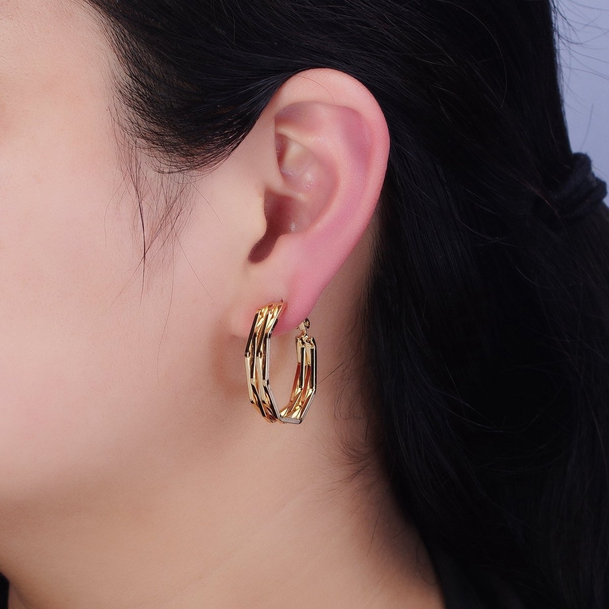 16K Gold Filled 30mm Hexagonal Multiple Band Hinge Hoop Earrings in Gold & Silver | AE037 AE038 - DLUXCA