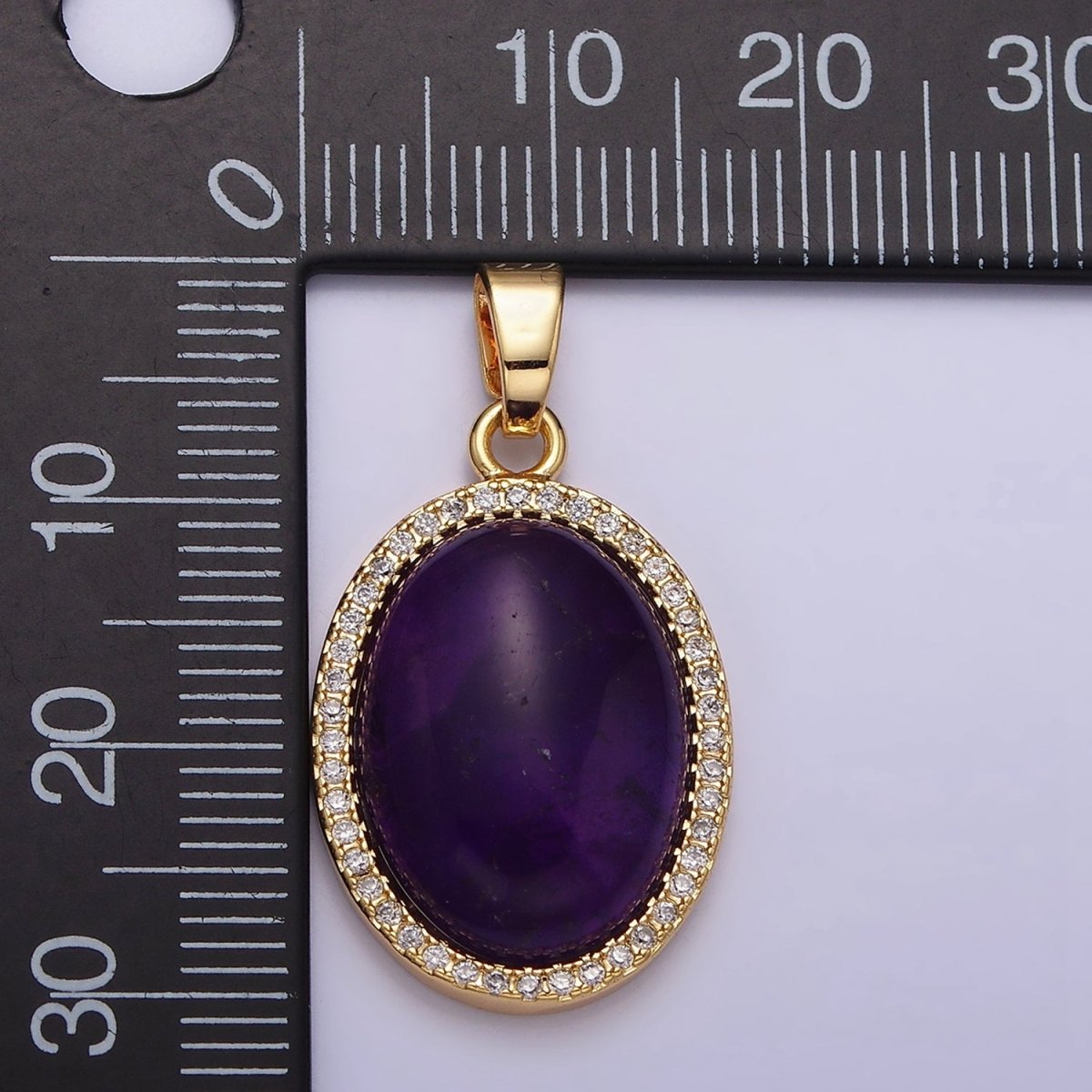 16K Gold Filled 30mm Purple Amethyst Natural Gemstone Oval Cabochon Micro Paved CZ Pendant | AA438 - DLUXCA