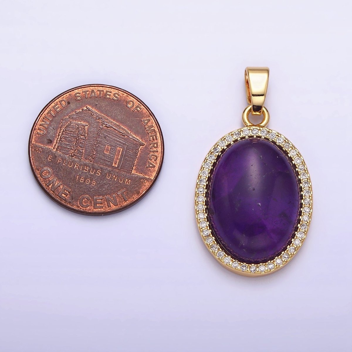 16K Gold Filled 30mm Purple Amethyst Natural Gemstone Oval Cabochon Micro Paved CZ Pendant | AA438 - DLUXCA