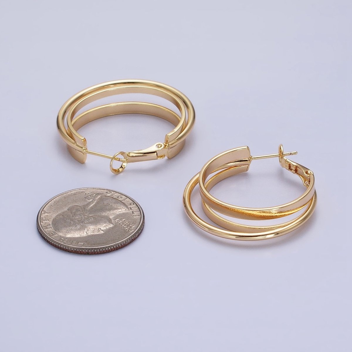 16K Gold Filled 30mm Triple Geometric Flat Band Bar Hinge Latch Earrings in Gold & Silver | AE033 AE034 - DLUXCA