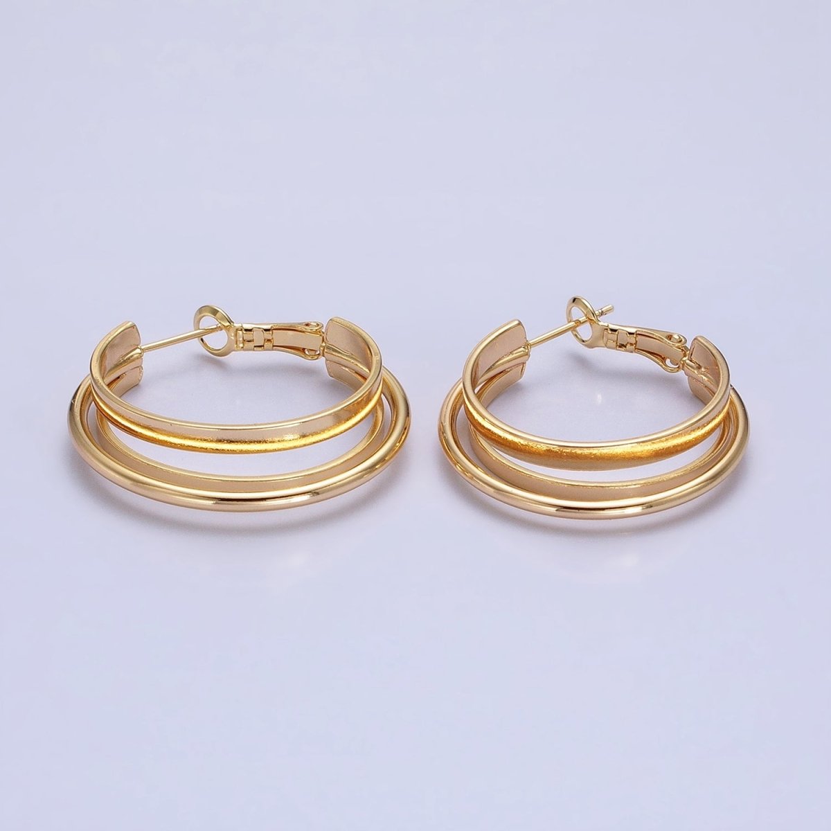 16K Gold Filled 30mm Triple Geometric Flat Band Bar Hinge Latch Earrings in Gold & Silver | AE033 AE034 - DLUXCA
