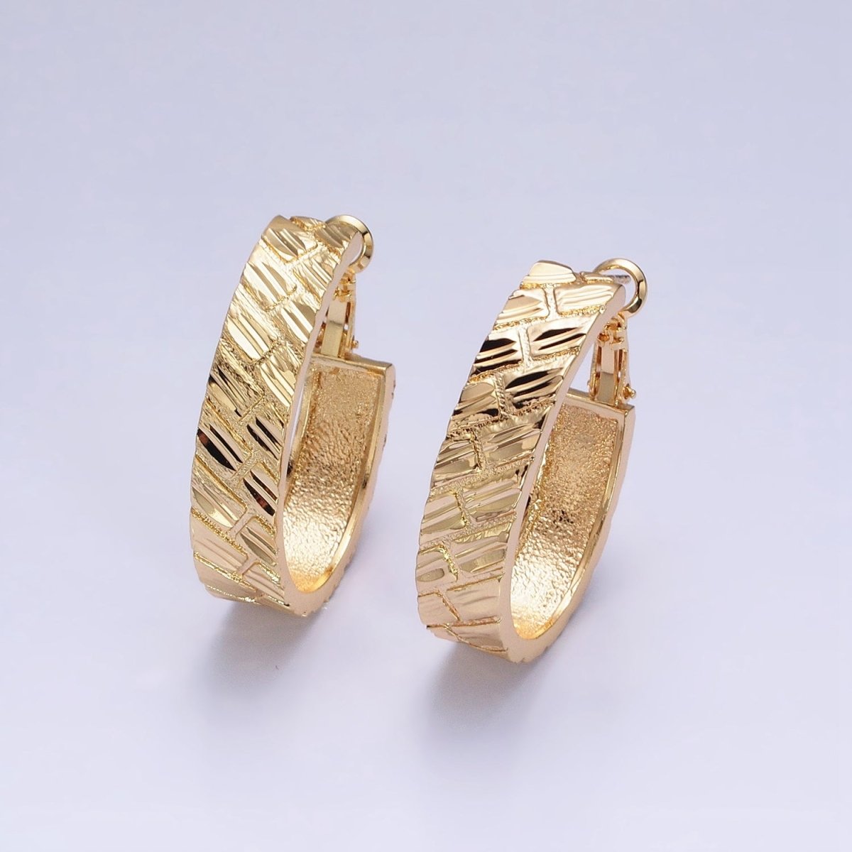 16K Gold Filled 35mm Brick Dented Line Textured Hinge Hoop Earrings in Gold & Silver | AE035 AE036 - DLUXCA