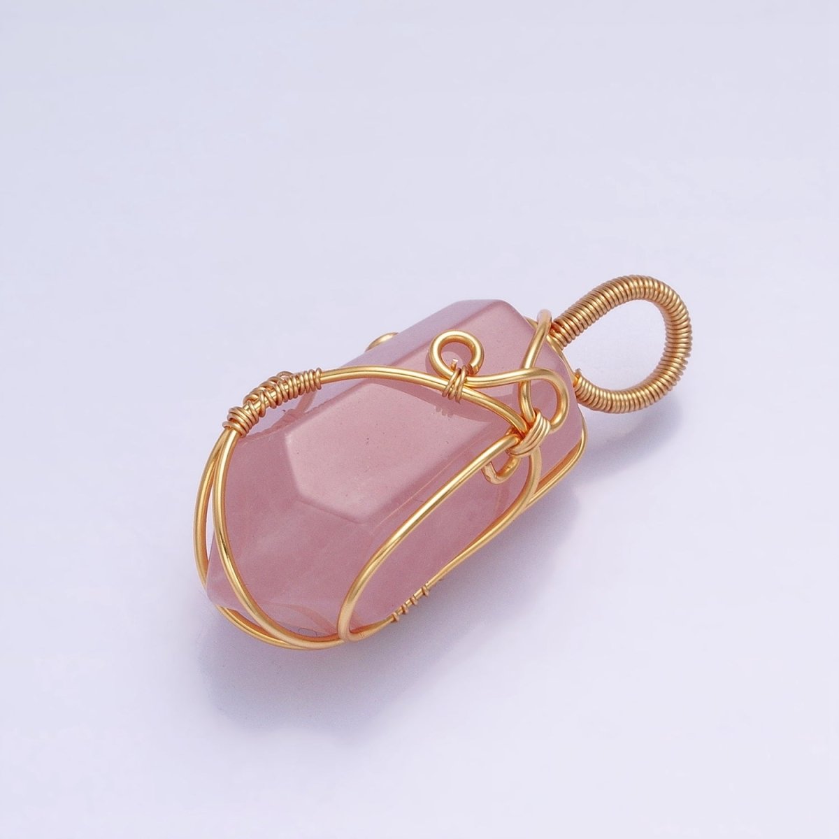 16K Gold Filled 36mm Wired Rose Quartz Natural Gemstone Multifaceted Oblong Pendant | AA223 - DLUXCA