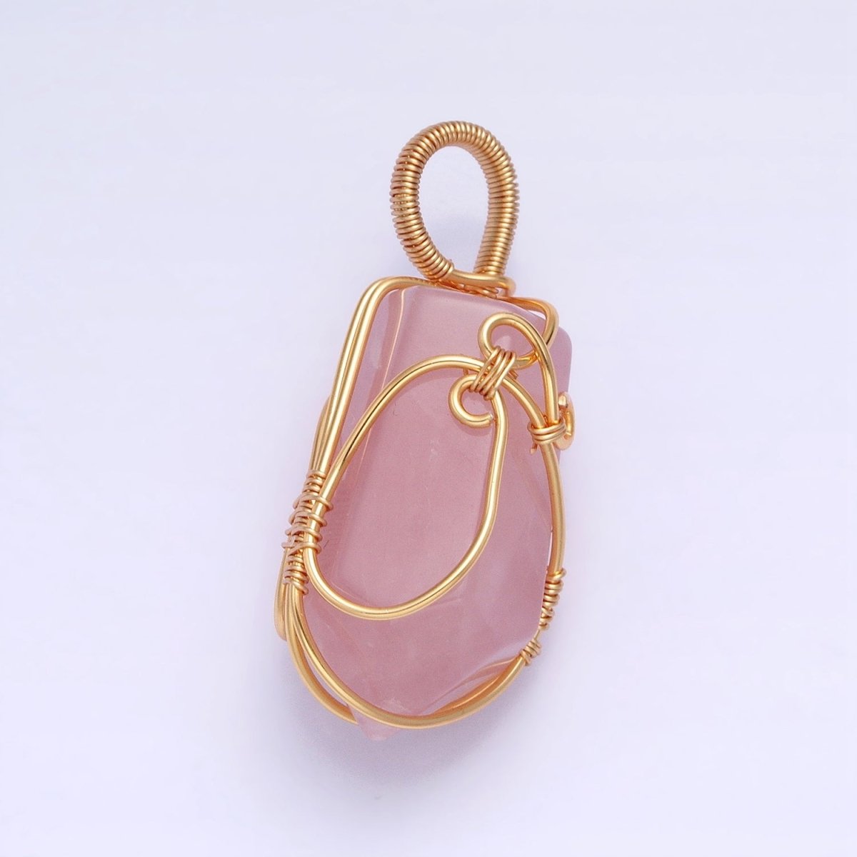 16K Gold Filled 36mm Wired Rose Quartz Natural Gemstone Multifaceted Oblong Pendant | AA223 - DLUXCA