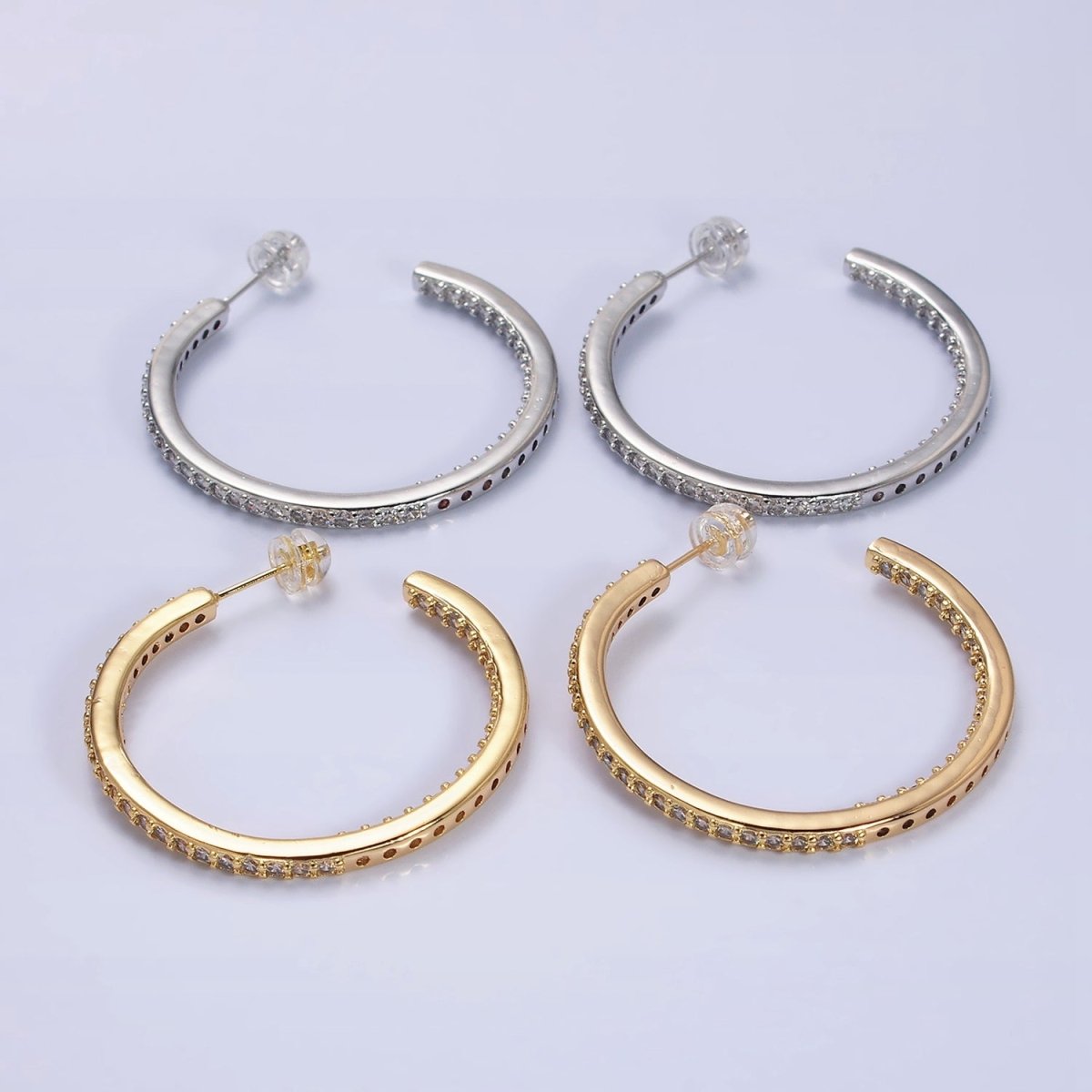 16K Gold Filled 37mm Micro Paved CZ C-Shaped Hoop Earrings | AD1275 AD1276 - DLUXCA