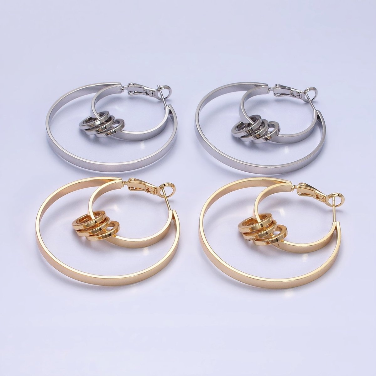 16K Gold Filled 40mm Multiple Round Band Geometric Hinge Hoop Earrings in Gold & Silver | AE051 AE052 - DLUXCA