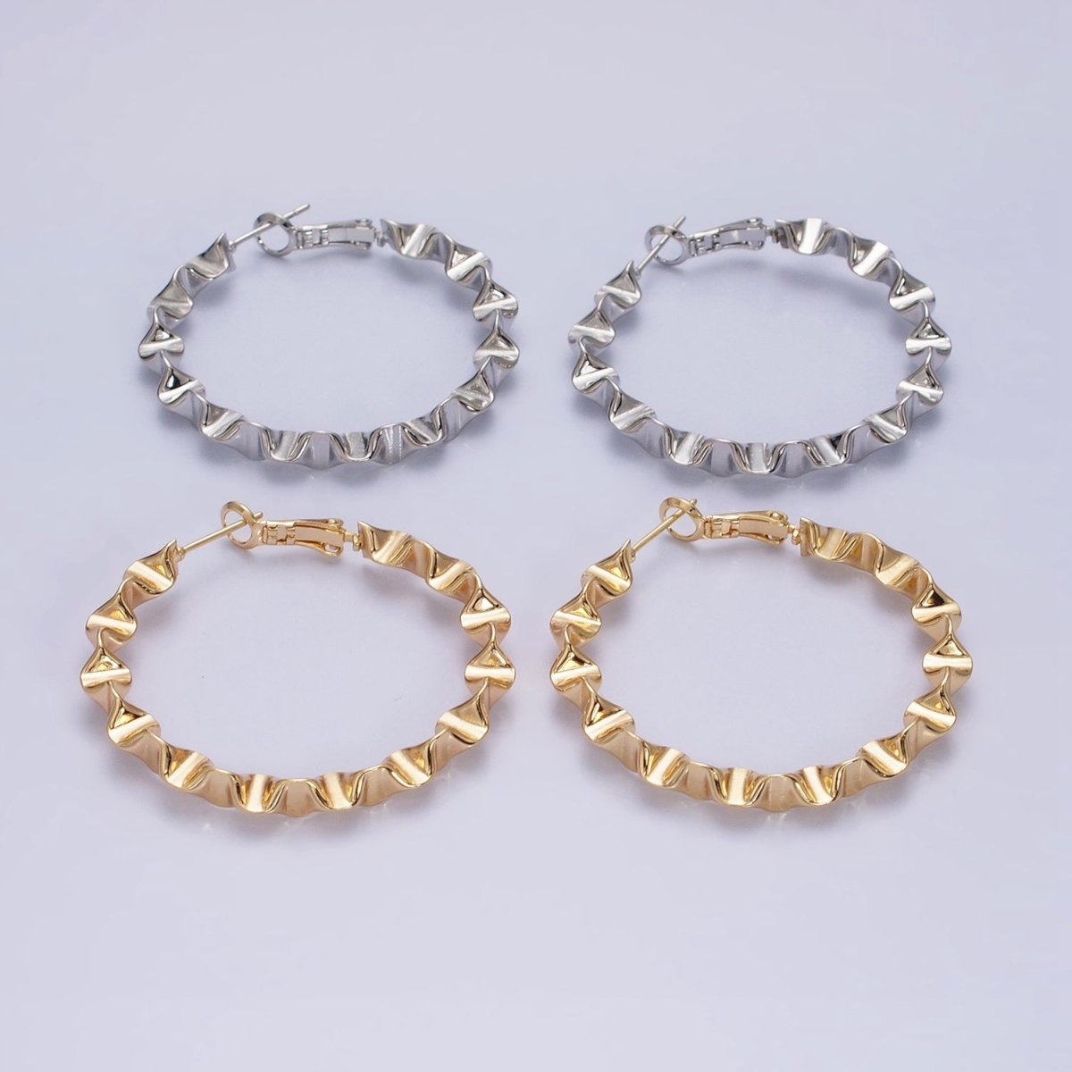 16K Gold Filled 43.5mm Geometric Wavy Foil Hinge Hoop Earrings in Gold & Silver | AB1437 AB1438 - DLUXCA