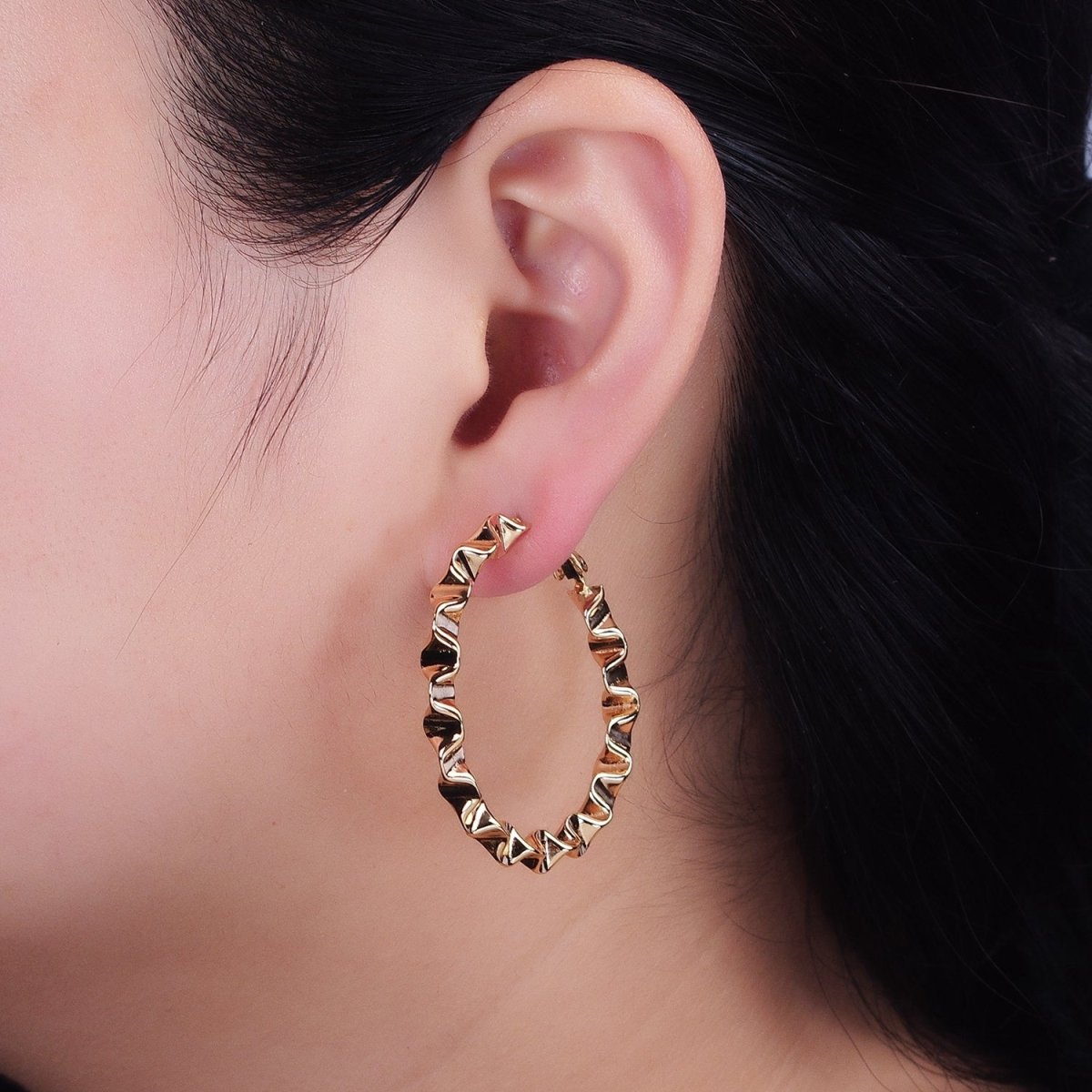 16K Gold Filled 43.5mm Geometric Wavy Foil Hinge Hoop Earrings in Gold & Silver | AB1437 AB1438 - DLUXCA