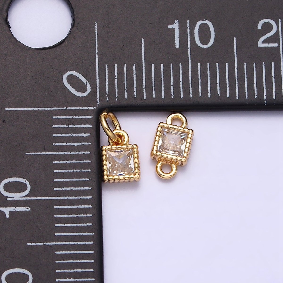 16K Gold Filled 4mm Clear Square CZ Dotted Bezel Connector in Gold & Silver | AA-1082 AA-1083 - DLUXCA