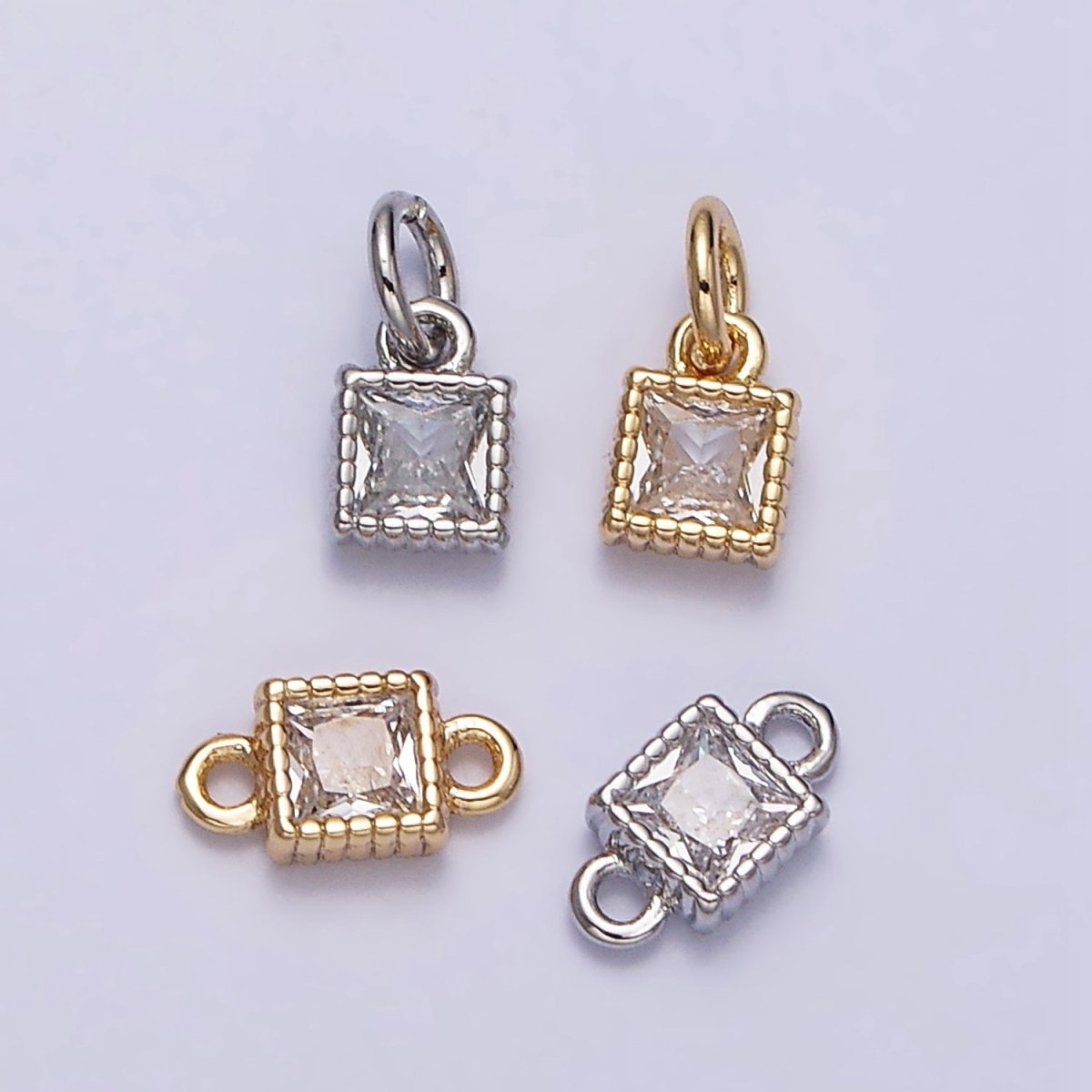 16K Gold Filled 4mm Clear Square CZ Dotted Bezel Connector in Gold & Silver | AA-1082 AA-1083 - DLUXCA