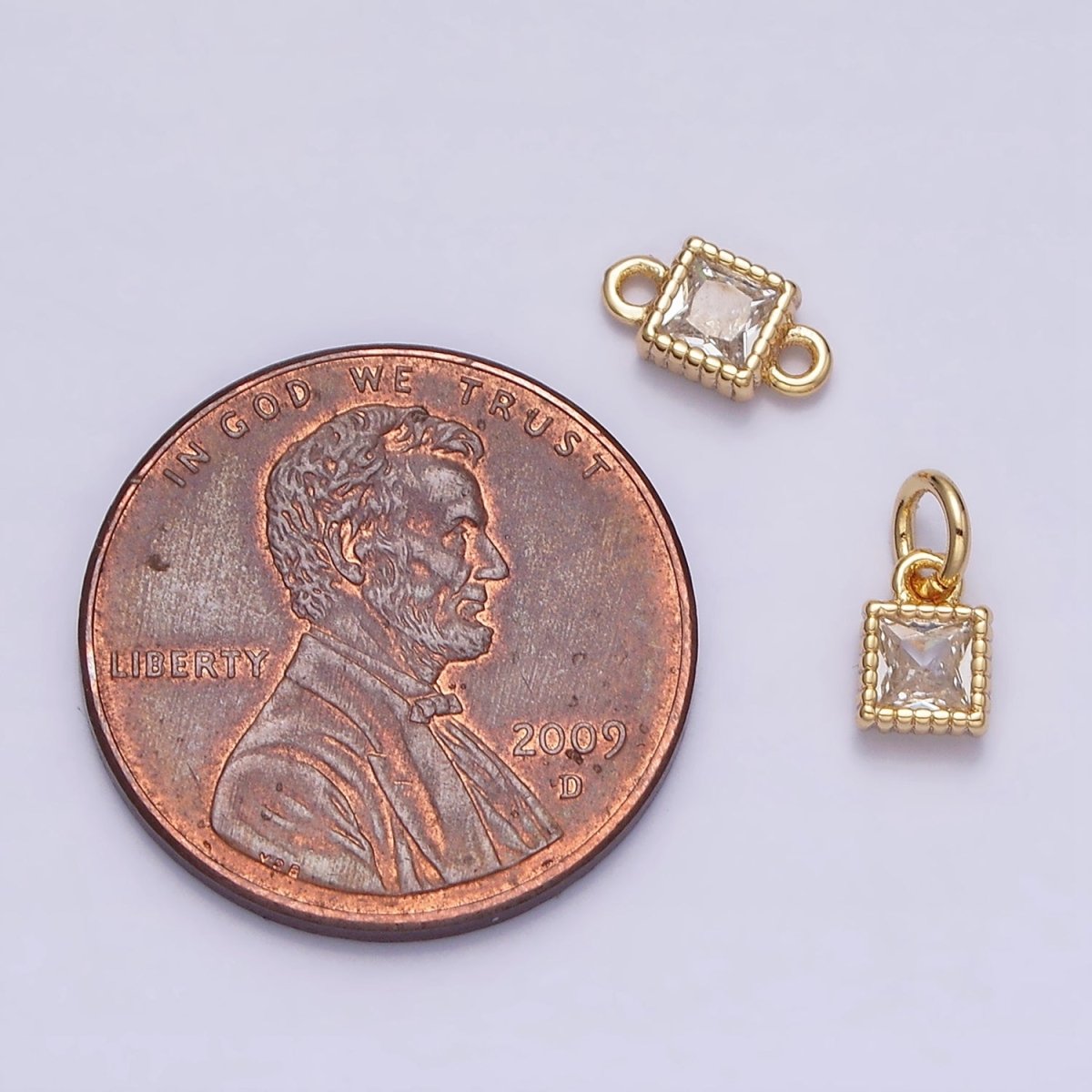 16K Gold Filled 4mm Clear Square CZ Dotted Bezel Connector in Gold & Silver | AA-1082 AA-1083 - DLUXCA