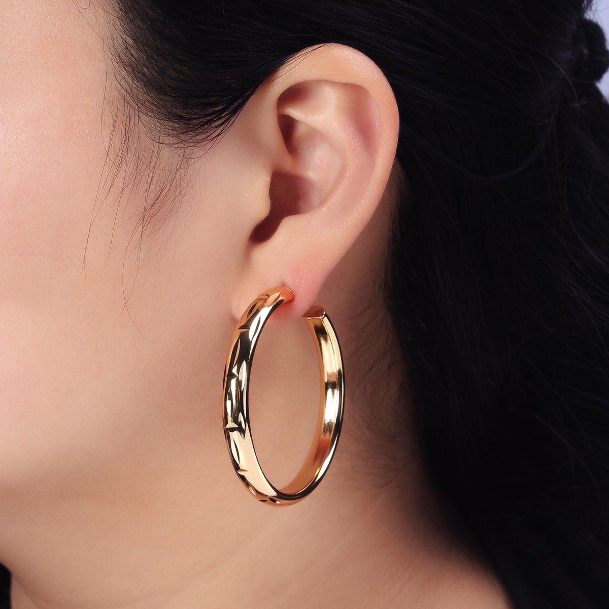 16K Gold Filled 50mm Dented Edge Line Rounded Hoop Earrings in Gold & Silver | AE545 AE546 - DLUXCA