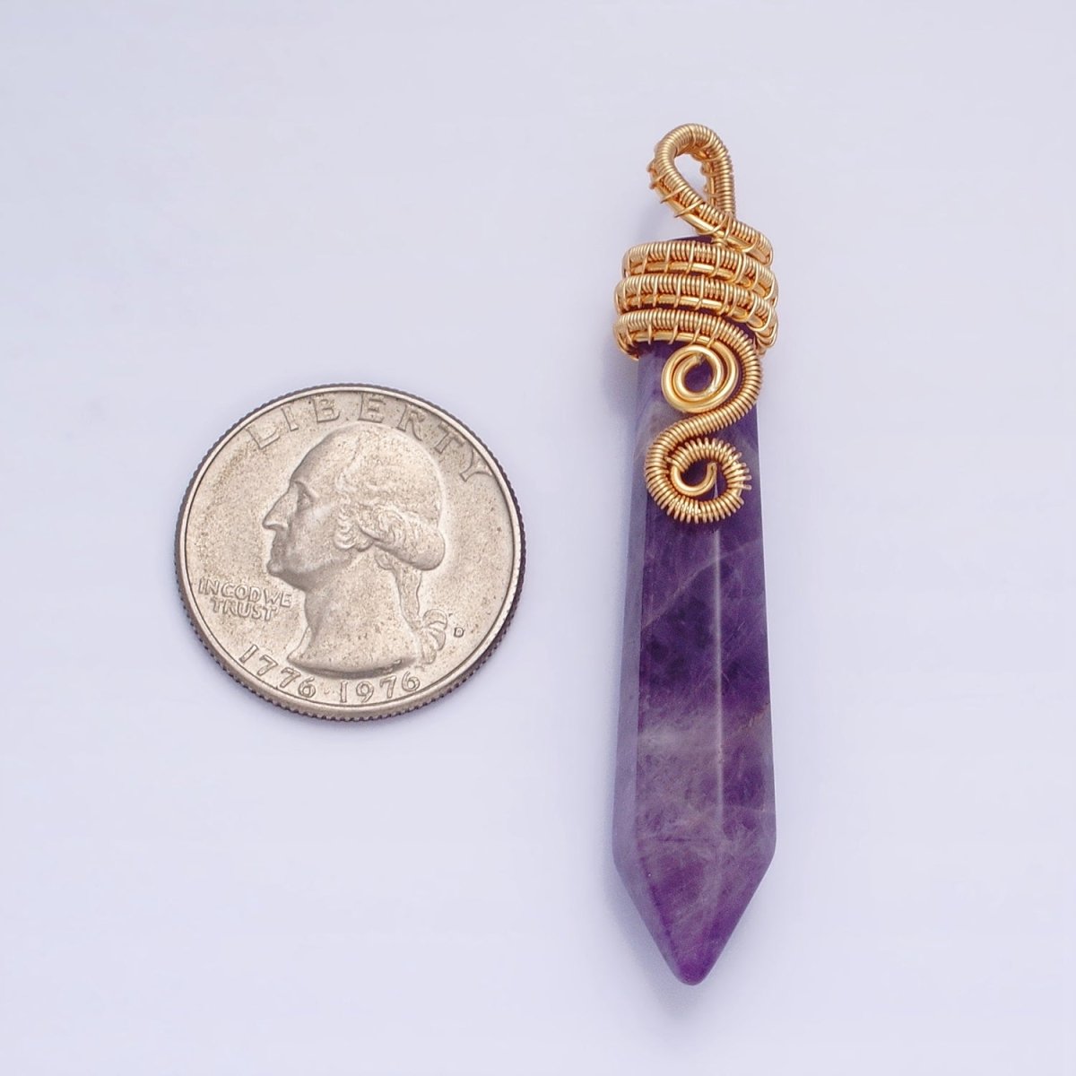 16K Gold Filled 60mm Circular Wired Amethyst Natural Gemstone Pointed Wand Pendant | AA531 - DLUXCA