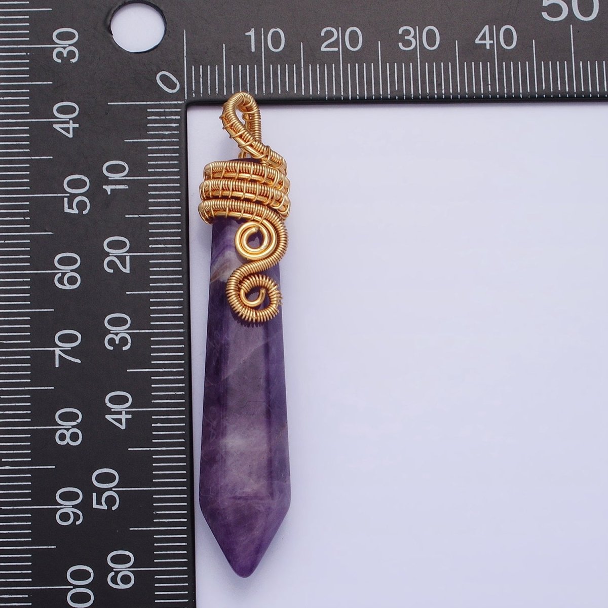 16K Gold Filled 60mm Circular Wired Amethyst Natural Gemstone Pointed Wand Pendant | AA531 - DLUXCA