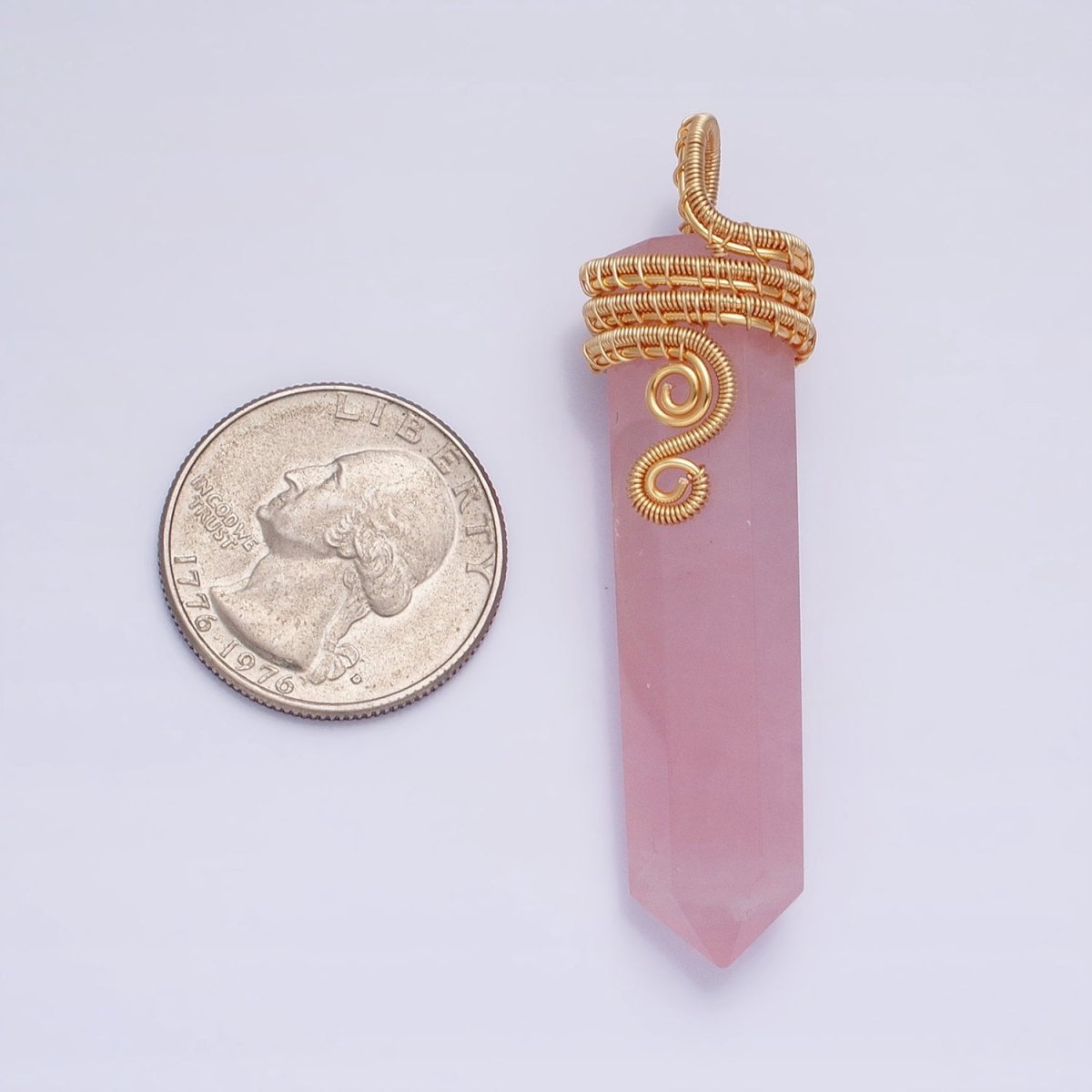 16K Gold Filled 60mm Circular Wired Rose Quartz Natural Gemstone Pointed Wand Pendant | AA225 - DLUXCA