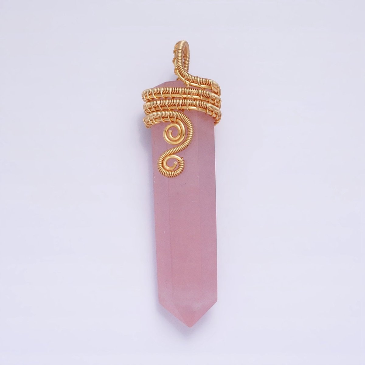 16K Gold Filled 60mm Circular Wired Rose Quartz Natural Gemstone Pointed Wand Pendant | AA225 - DLUXCA