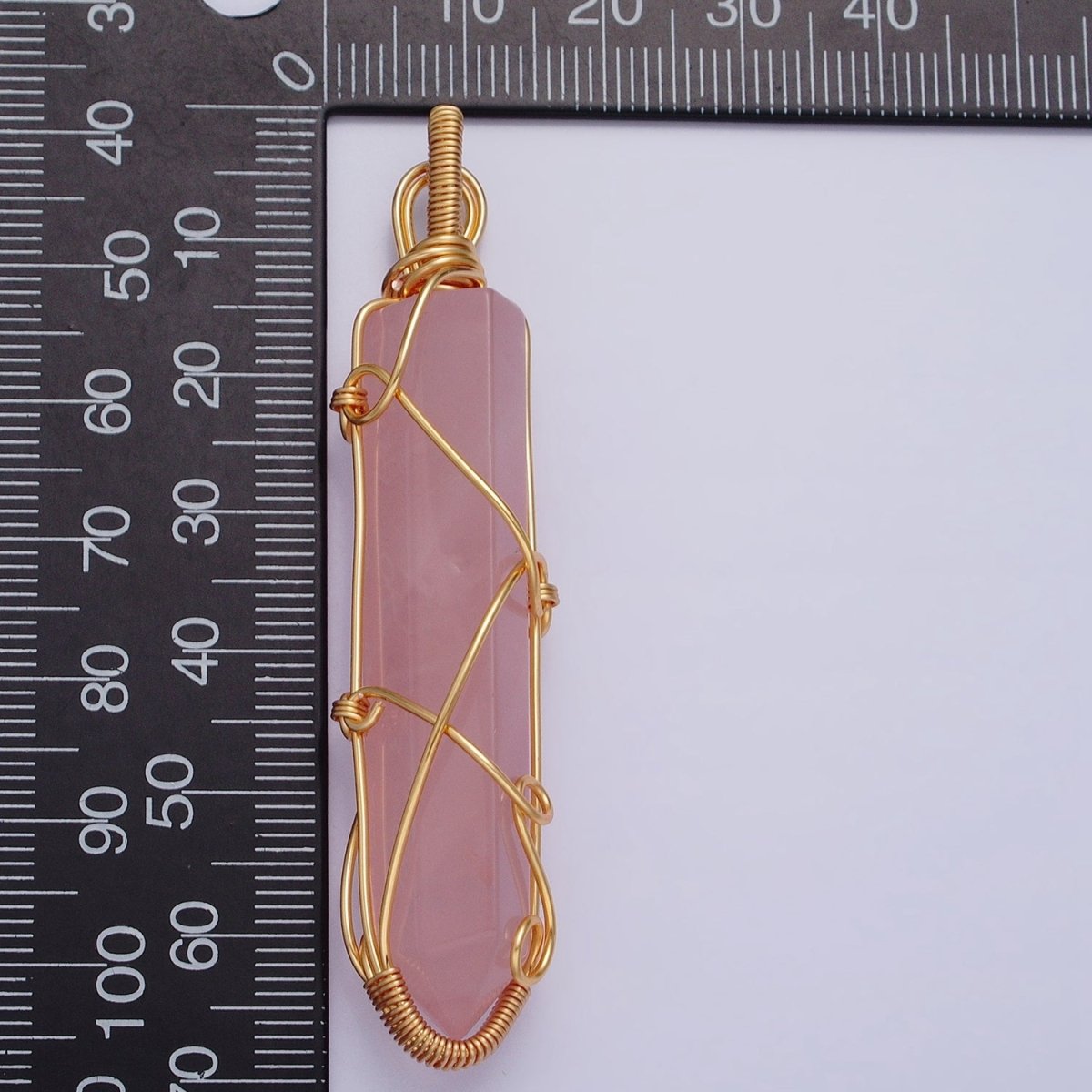 16K Gold Filled 66.5mm Wired Rose Quartz Natural Gemstone Pointed Wand Pendant | AA224 - DLUXCA