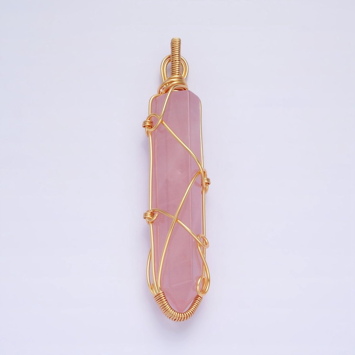 16K Gold Filled 66.5mm Wired Rose Quartz Natural Gemstone Pointed Wand Pendant | AA224 - DLUXCA