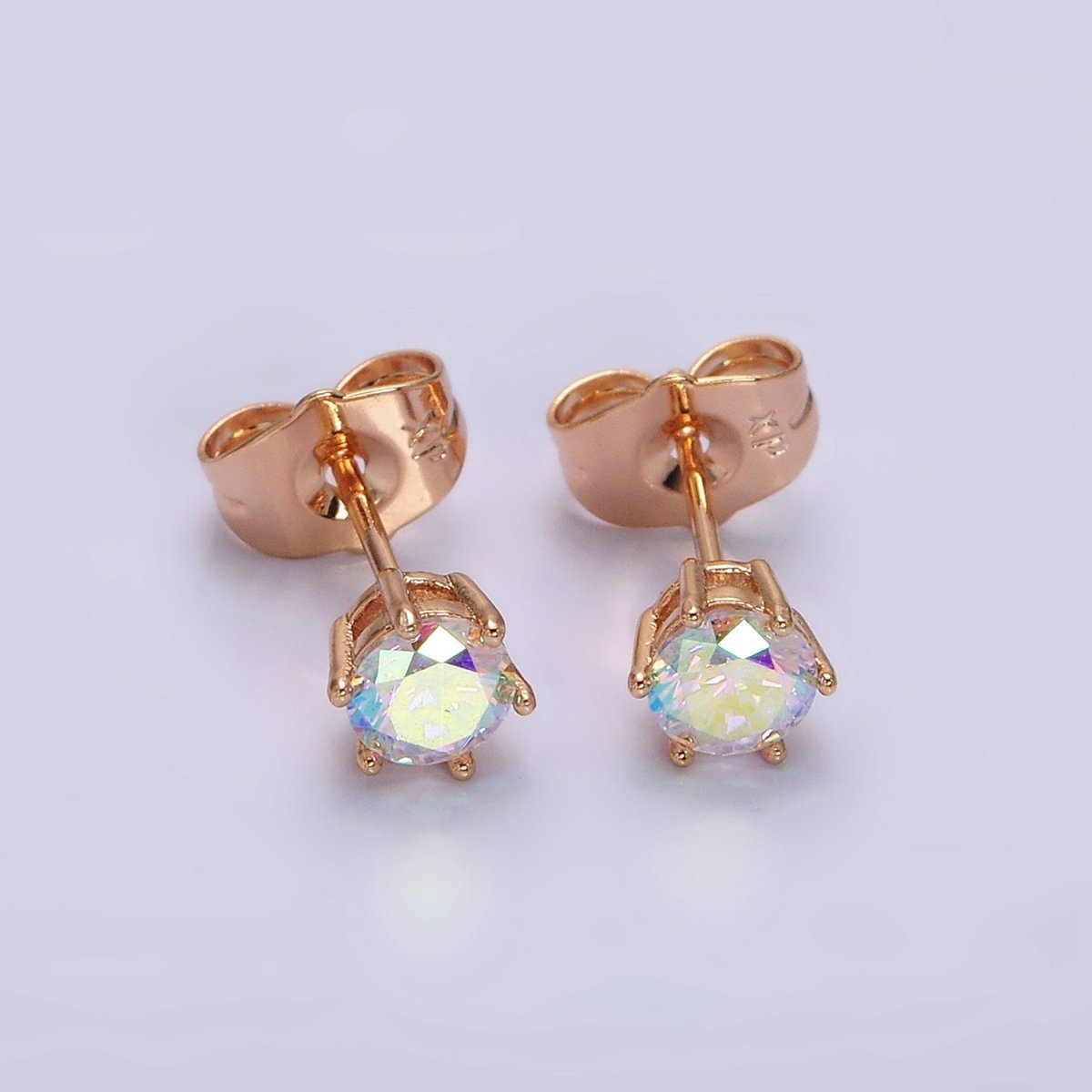 16K Gold Filled 6mm Round Iridescent AB CZ Stud Earrings | AE816 - DLUXCA