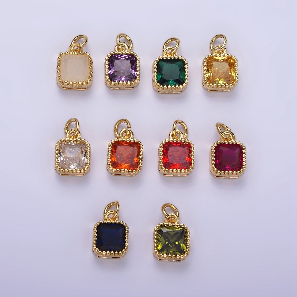 16K Gold Filled 7.5mm Multifaceted Birthstone CZ Square Personalized Charm | N1047 - N1055 - DLUXCA