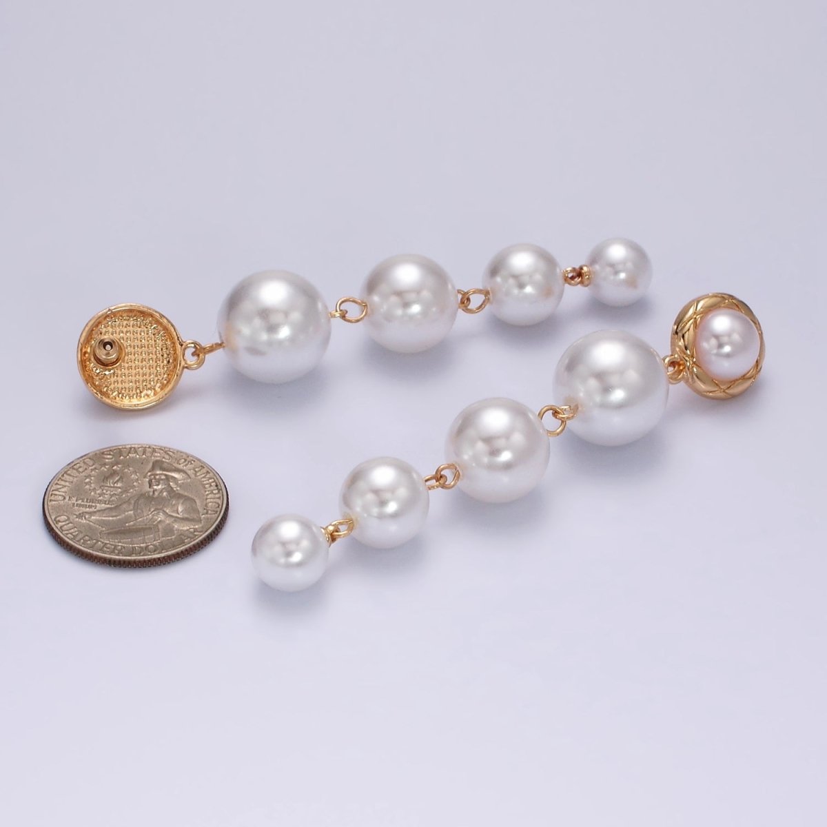 16K Gold Filled 85mm Multiple Shell Pearl Quilted Bezel Drop Stud Earrings in Gold & Silver | AE347 AE348 - DLUXCA