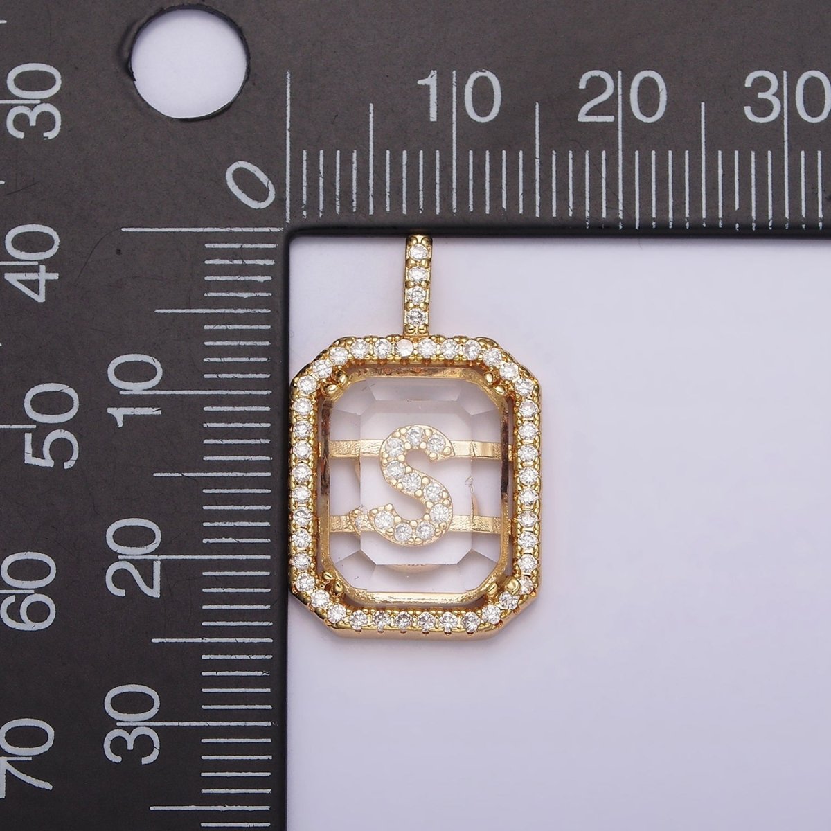 16K Gold Filled A-Z Alphabet Letter Initial Double Bar Baguette Clear Micro Paved CZ Pendant | A-963~A-975 - DLUXCA