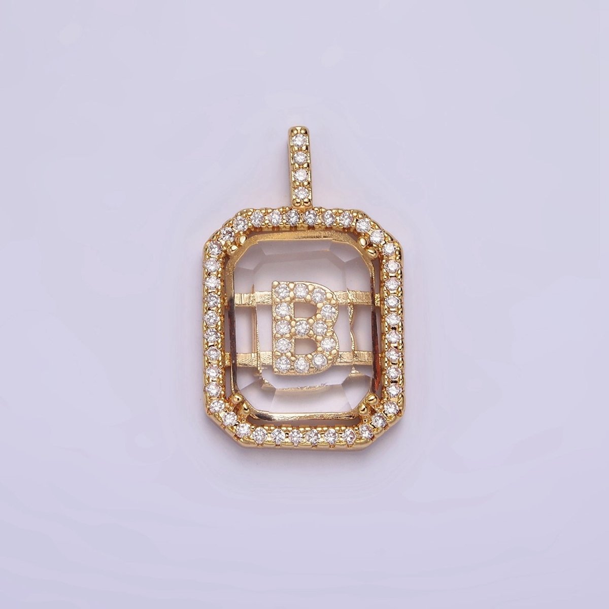 16K Gold Filled A-Z Alphabet Letter Initial Double Bar Baguette Clear Micro Paved CZ Pendant | A-963~A-975 - DLUXCA