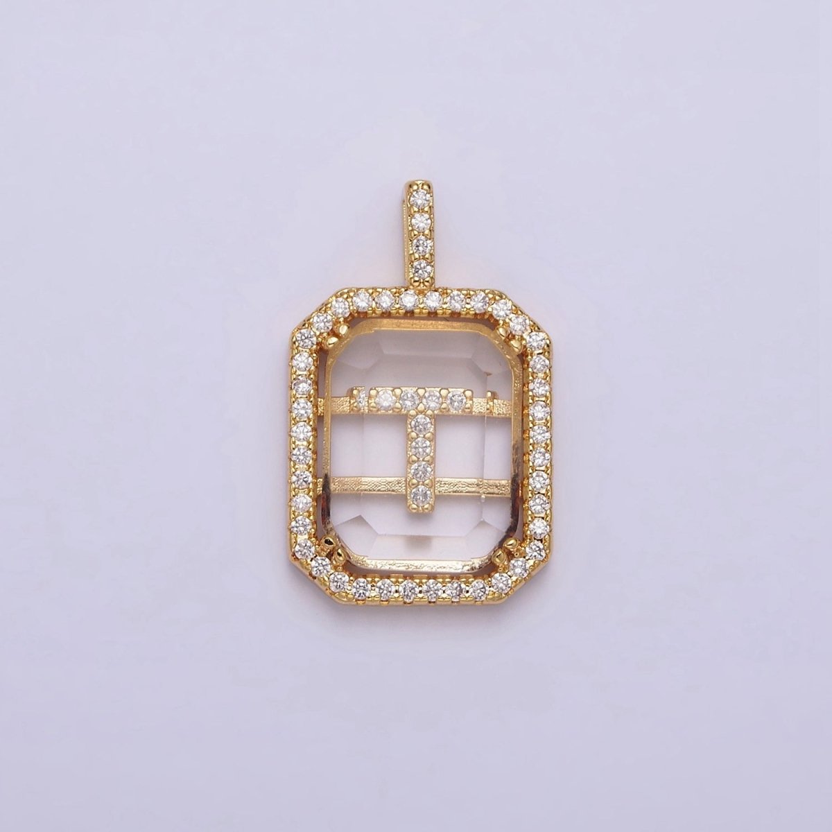 16K Gold Filled A-Z Alphabet Letter Initial Double Bar Baguette Clear Micro Paved CZ Pendant | A-963~A-975 - DLUXCA