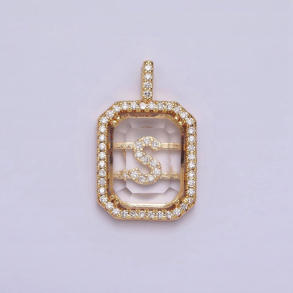 16K Gold Filled A-Z Alphabet Letter Initial Double Bar Baguette Clear Micro Paved CZ Pendant | A-963~A-975 - DLUXCA