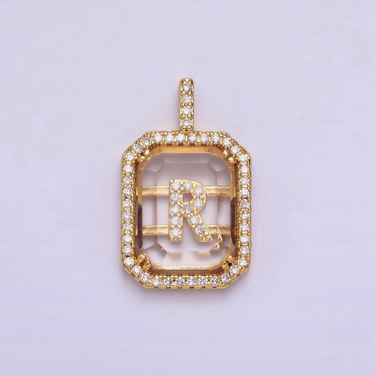 16K Gold Filled A-Z Alphabet Letter Initial Double Bar Baguette Clear Micro Paved CZ Pendant | A-963~A-975 - DLUXCA