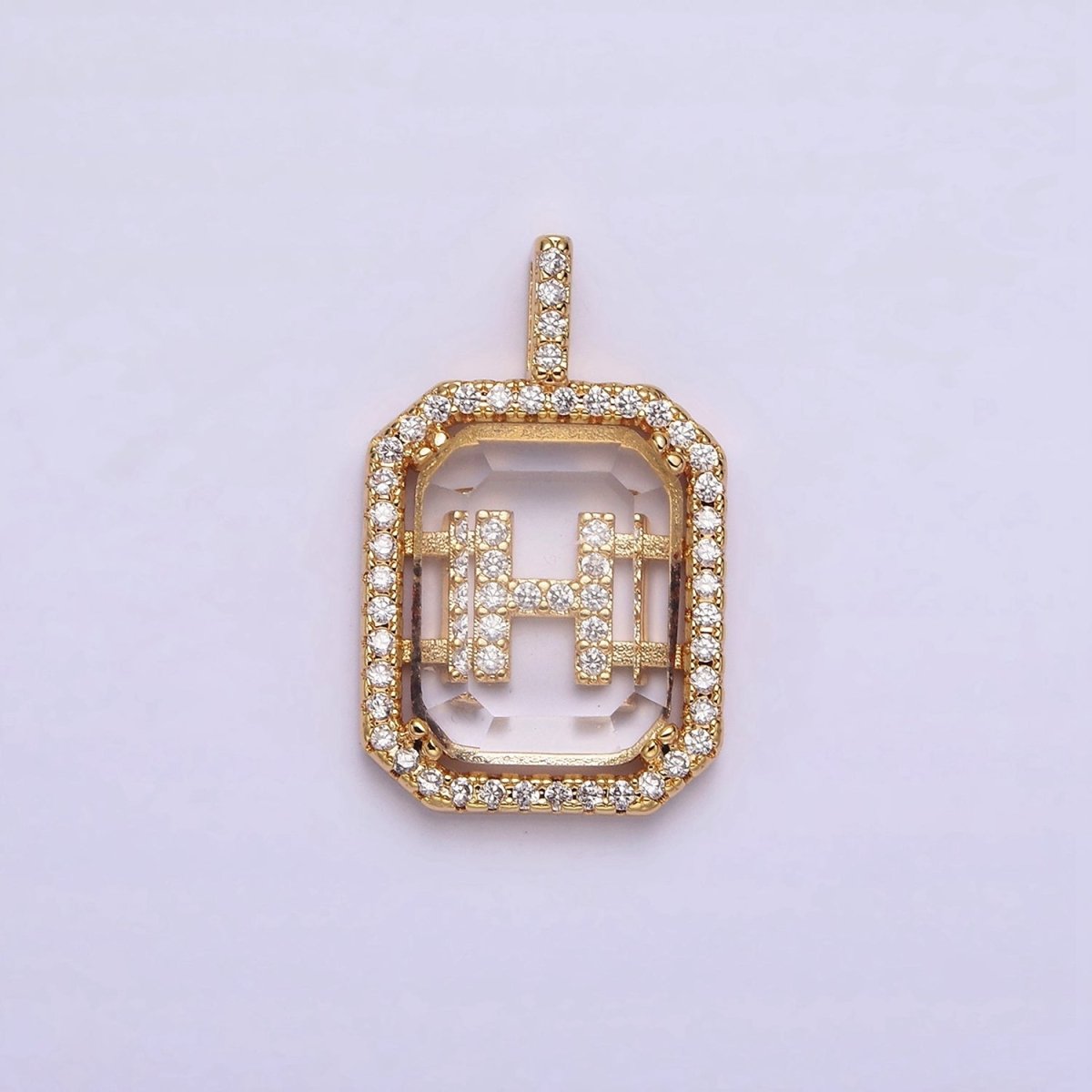 16K Gold Filled A-Z Alphabet Letter Initial Double Bar Baguette Clear Micro Paved CZ Pendant | A-963~A-975 - DLUXCA