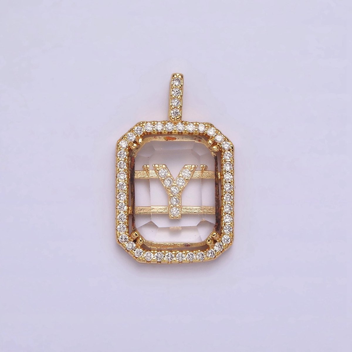 16K Gold Filled A-Z Alphabet Letter Initial Double Bar Baguette Clear Micro Paved CZ Pendant | A-963~A-975 - DLUXCA