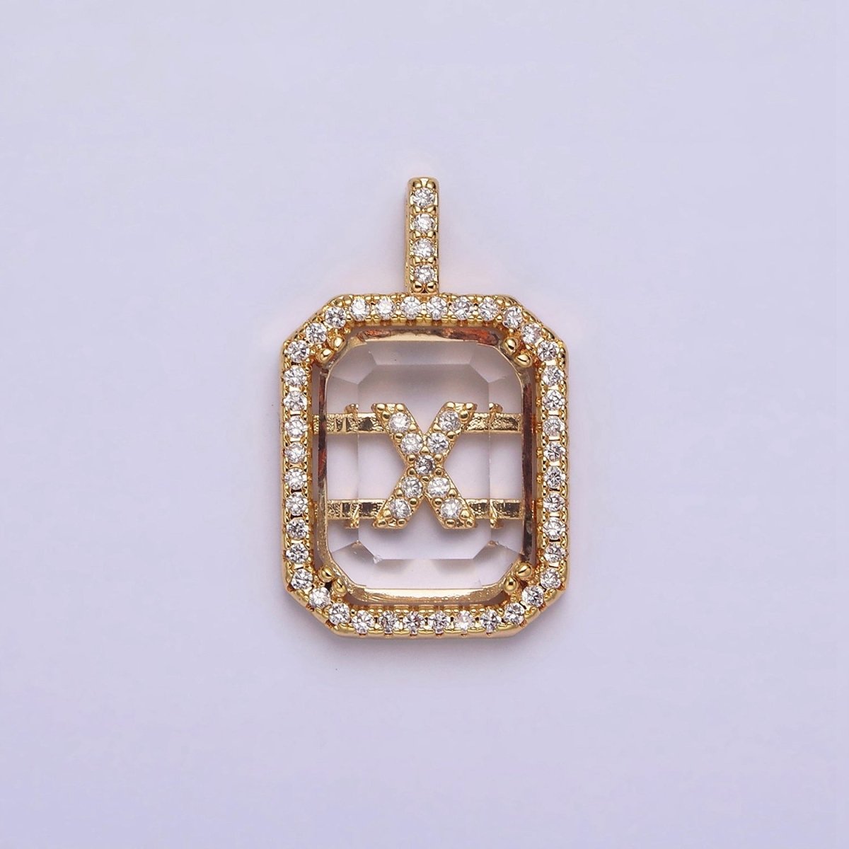 16K Gold Filled A-Z Alphabet Letter Initial Double Bar Baguette Clear Micro Paved CZ Pendant | A-963~A-975 - DLUXCA