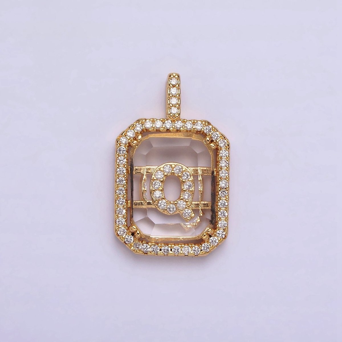 16K Gold Filled A-Z Alphabet Letter Initial Double Bar Baguette Clear Micro Paved CZ Pendant | A-963~A-975 - DLUXCA