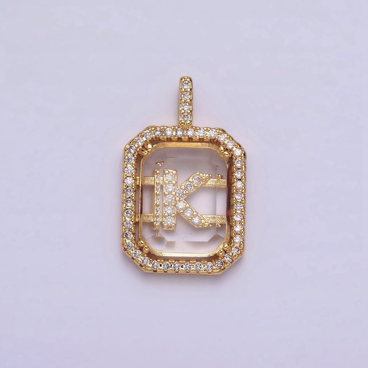 16K Gold Filled A-Z Alphabet Letter Initial Double Bar Baguette Clear Micro Paved CZ Pendant | A-963~A-975 - DLUXCA