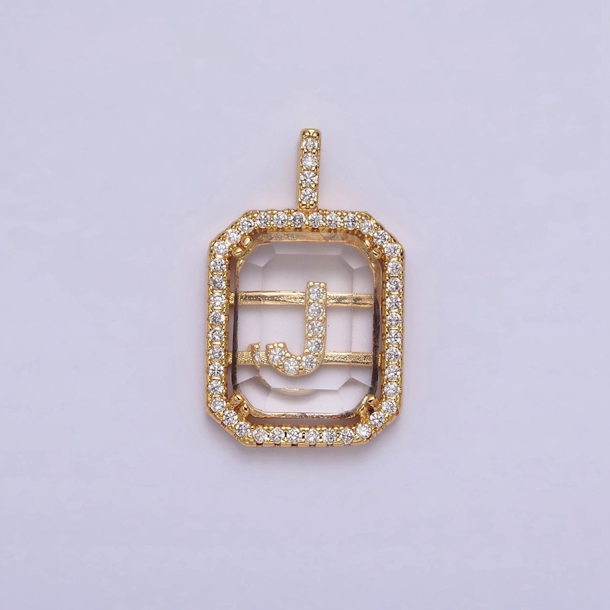 16K Gold Filled A-Z Alphabet Letter Initial Double Bar Baguette Clear Micro Paved CZ Pendant | A-963~A-975 - DLUXCA