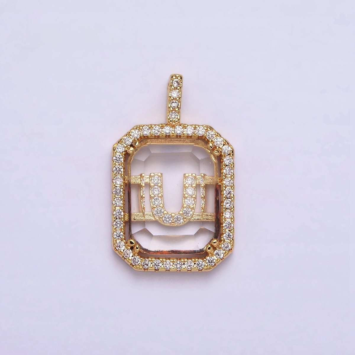 16K Gold Filled A-Z Alphabet Letter Initial Double Bar Baguette Clear Micro Paved CZ Pendant | A-963~A-975 - DLUXCA