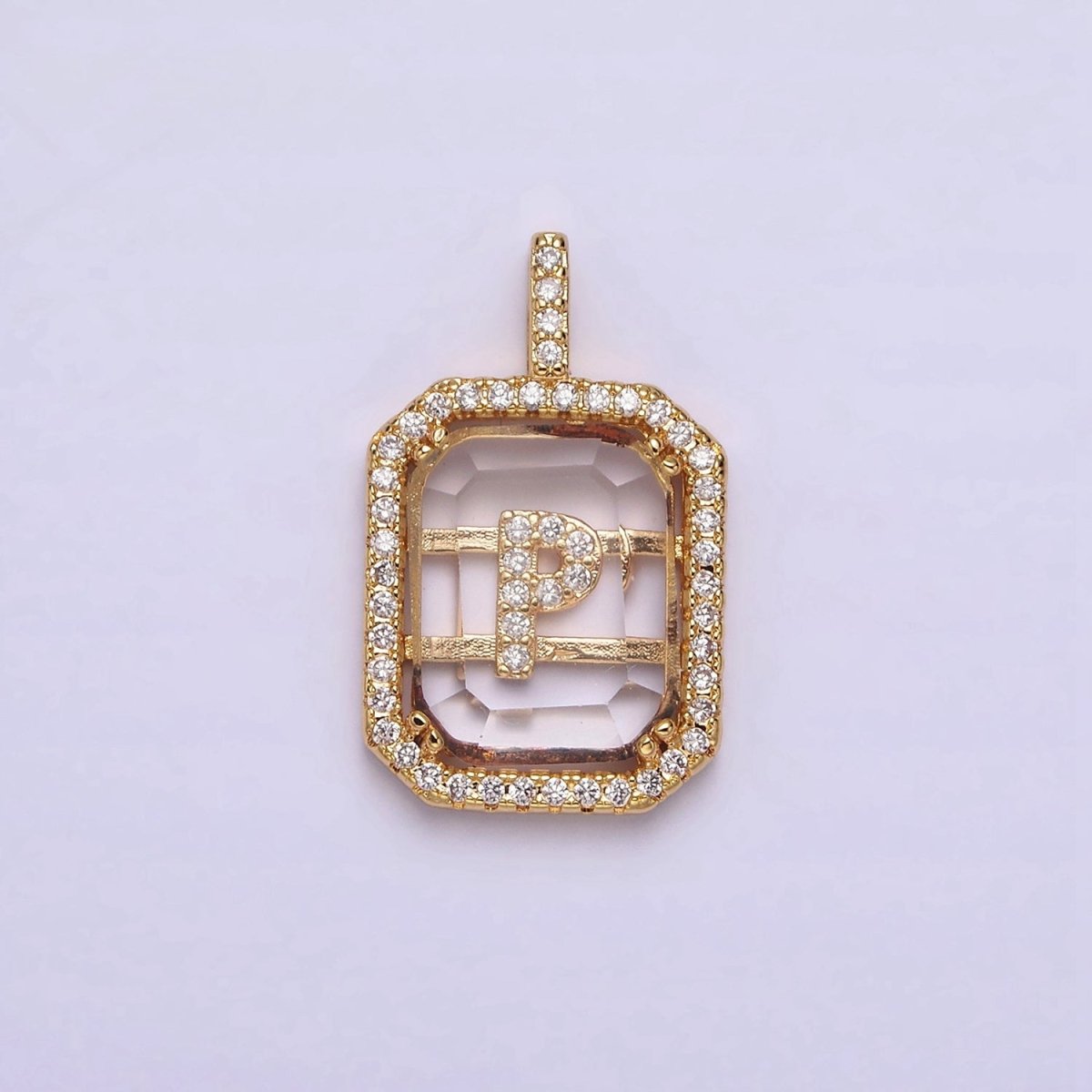 16K Gold Filled A-Z Alphabet Letter Initial Double Bar Baguette Clear Micro Paved CZ Pendant | A-963~A-975 - DLUXCA