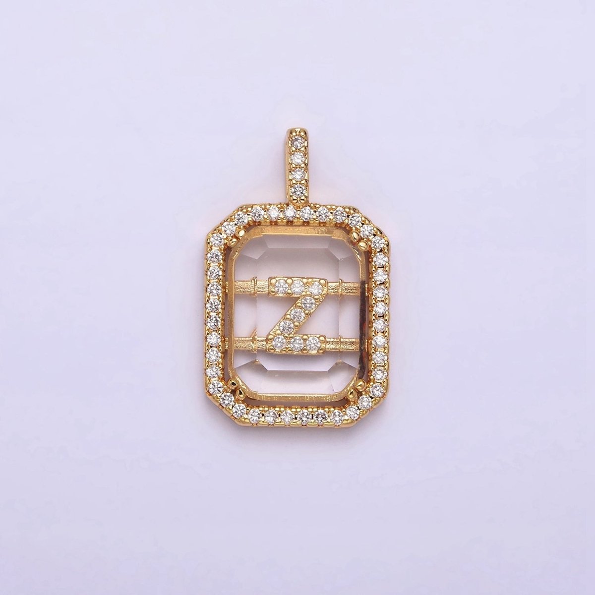 16K Gold Filled A-Z Alphabet Letter Initial Double Bar Baguette Clear Micro Paved CZ Pendant | A-963~A-975 - DLUXCA