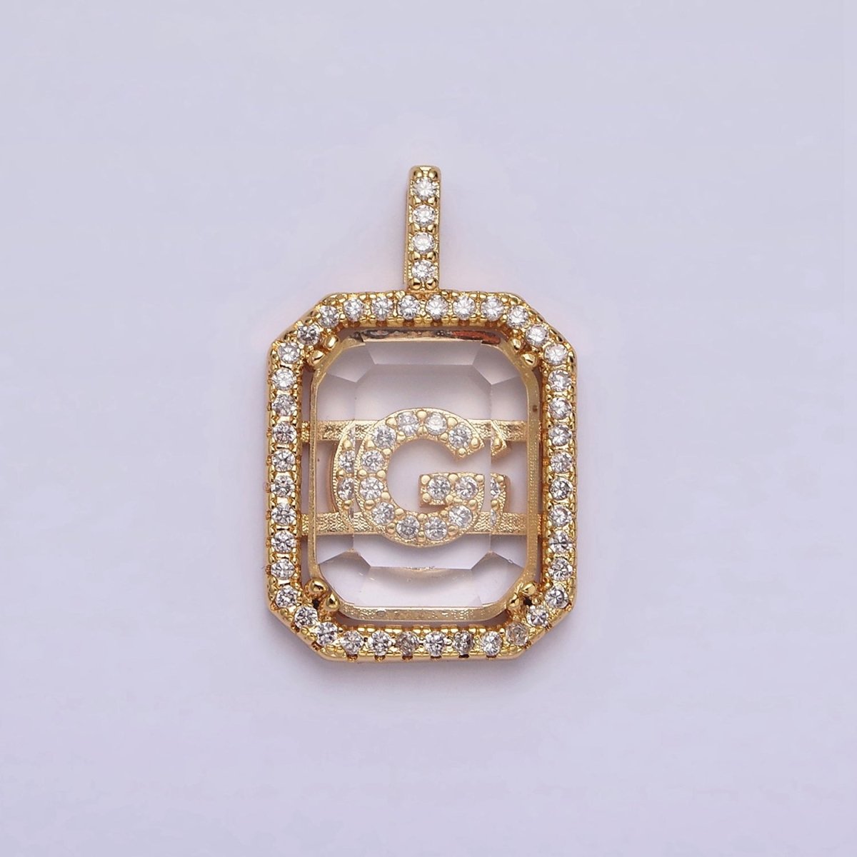 16K Gold Filled A-Z Alphabet Letter Initial Double Bar Baguette Clear Micro Paved CZ Pendant | A-963~A-975 - DLUXCA