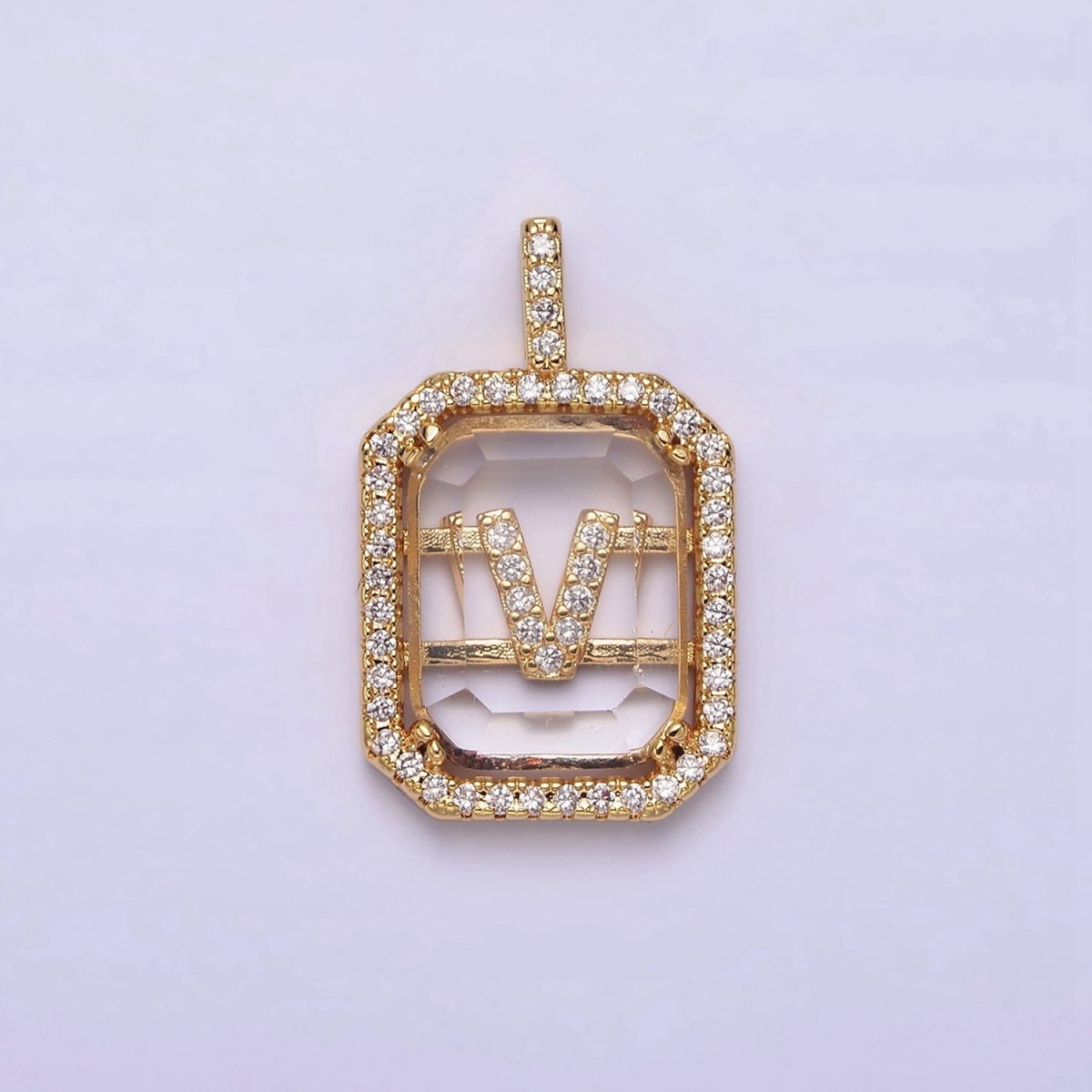 16K Gold Filled A-Z Alphabet Letter Initial Double Bar Baguette Clear Micro Paved CZ Pendant | A-963~A-975 - DLUXCA